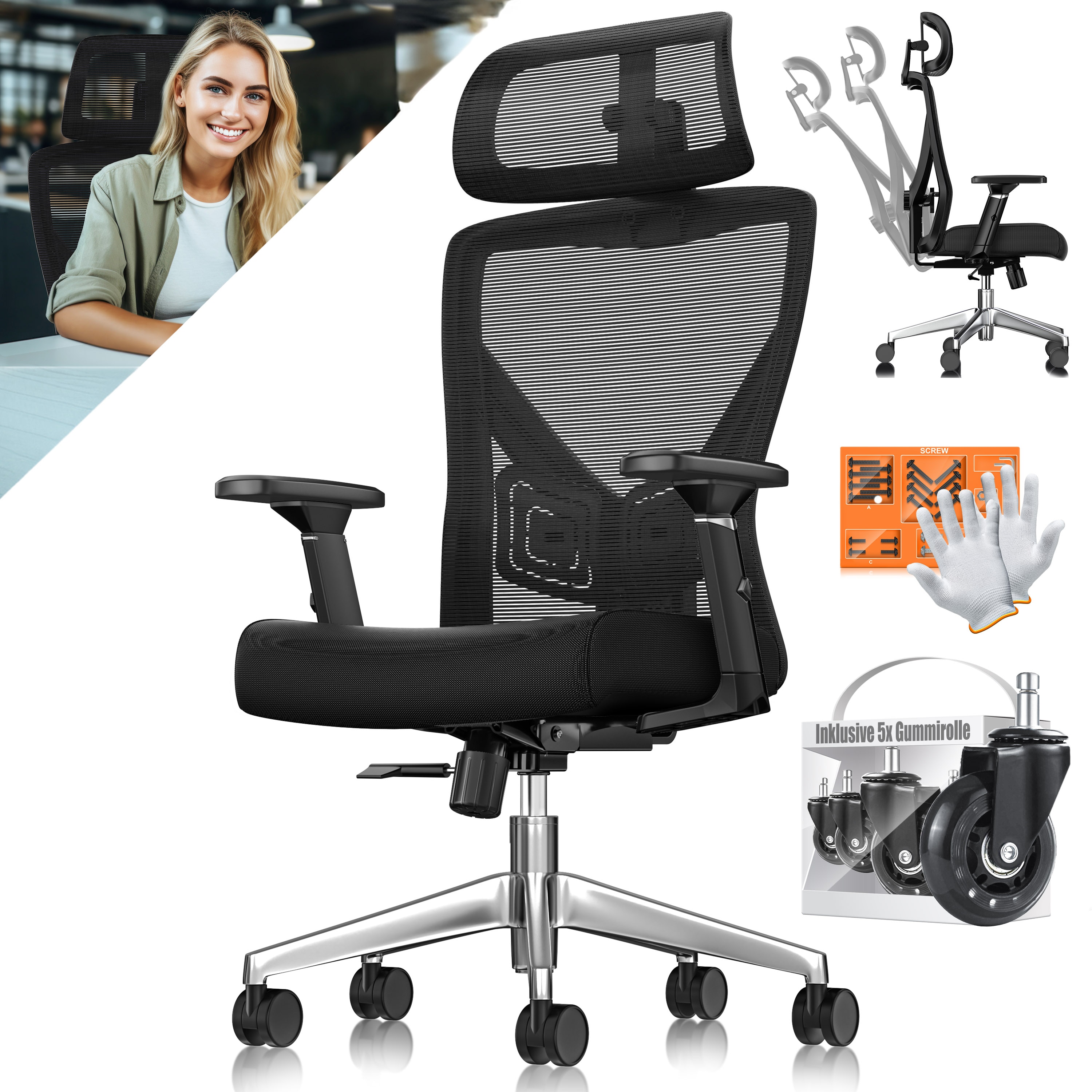 KESSER&reg; B&uuml;rostuhl mit verstellbaren Armlehnen | Drehstuhl mit Lendenwirbelst&uuml;tze R&uuml;ckenschonend | Schreibtischstuhl ergonomisch mit Kopfst&uuml;tze | Office Chair Wippfunktion bis 125&deg; mit 5x Gummirollen - Bild 1