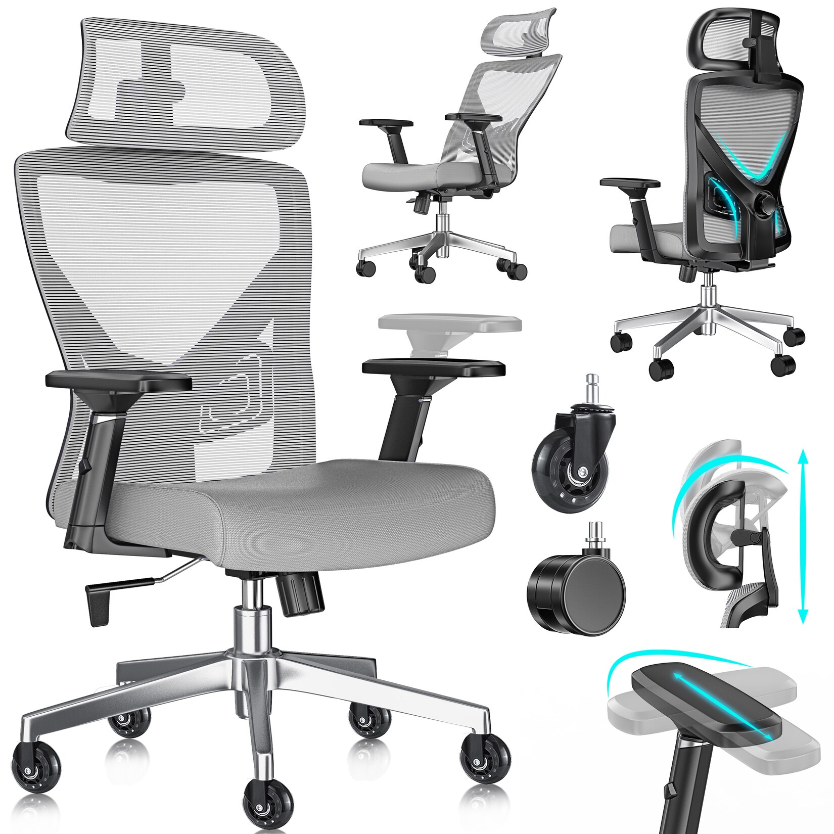 KESSER® Bürostuhl mit verstellbaren Armlehnen Drehstuhl mit Lendenwirbelstütze Rückenschonend Schreibtischstuhl ergonomisch mit Kopfstütze Office Chair Wippfunktion bis 125° mit 5x Gummirollen