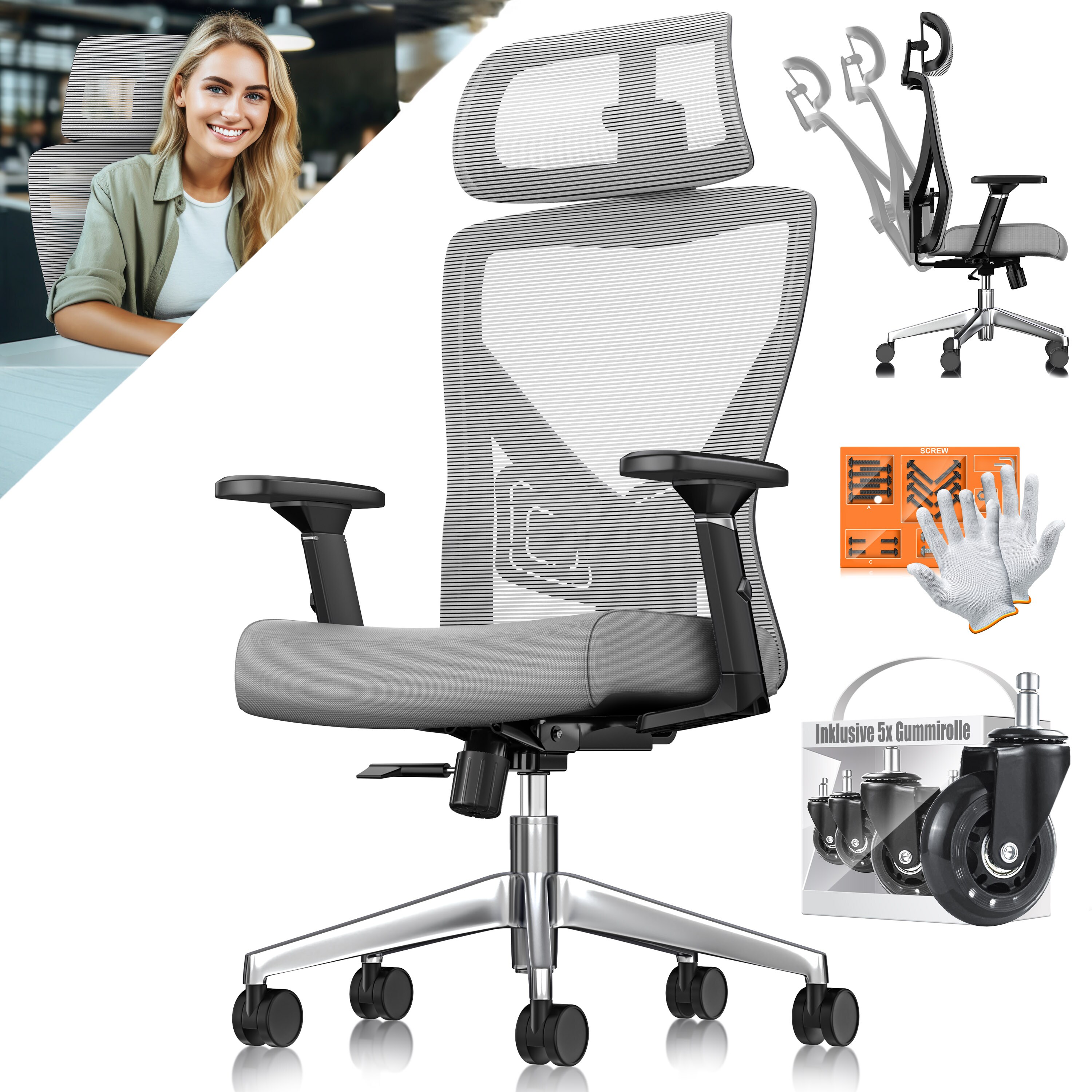 KESSER&reg; B&uuml;rostuhl mit verstellbaren Armlehnen | Drehstuhl mit Lendenwirbelst&uuml;tze R&uuml;ckenschonend | Schreibtischstuhl ergonomisch mit Kopfst&uuml;tze | Office Chair Wippfunktion bis 125&deg; mit 5x Gummirollen - Bild 1