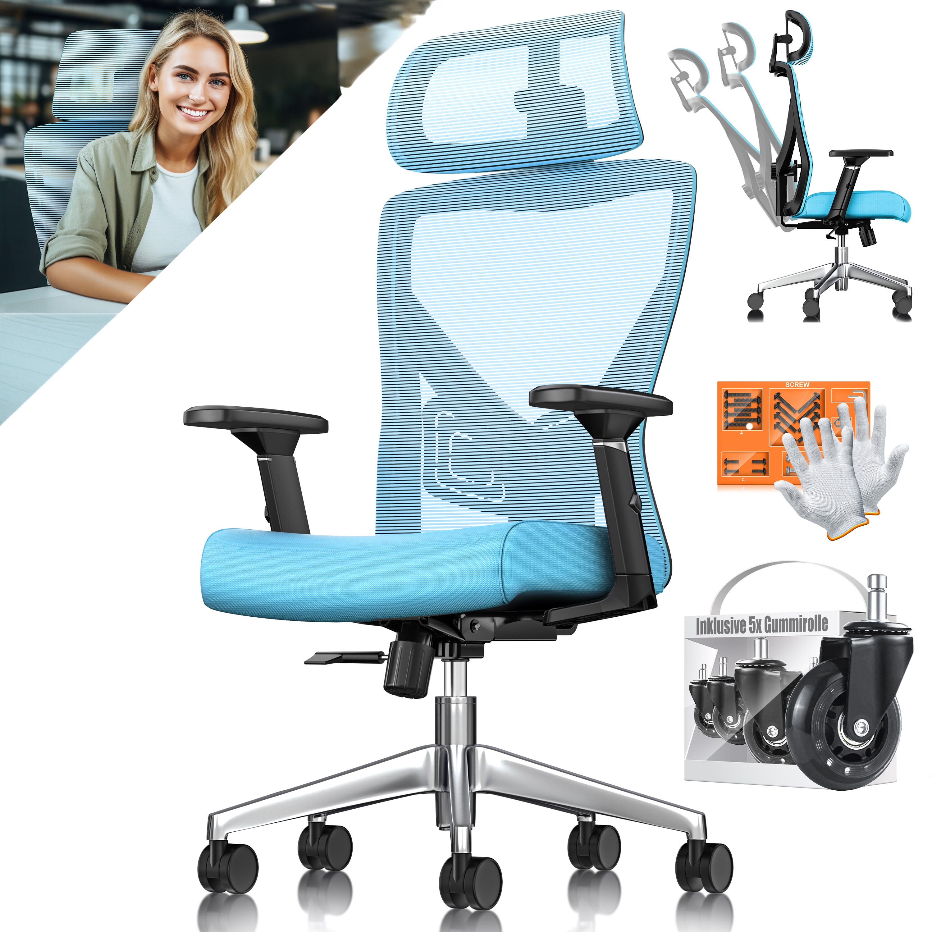 KESSER&reg; B&uuml;rostuhl mit verstellbaren Armlehnen | Drehstuhl mit Lendenwirbelst&uuml;tze R&uuml;ckenschonend | Schreibtischstuhl ergonomisch mit Kopfst&uuml;tze | Office Chair Wippfunktion bis 125&deg; mit 5x Gummirollen - Bild 1