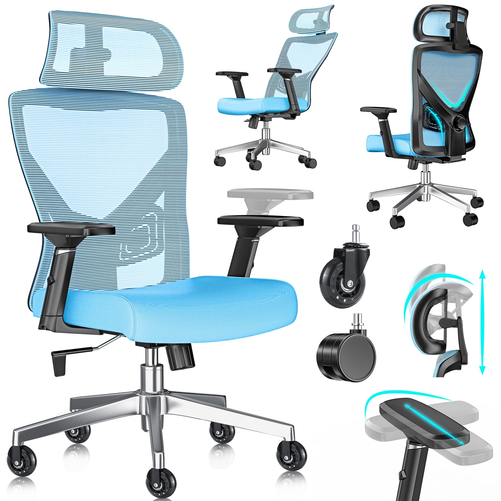 KESSER® Bürostuhl mit verstellbaren Armlehnen Drehstuhl mit Lendenwirbelstütze Rückenschonend Schreibtischstuhl ergonomisch mit Kopfstütze Office Chair Wippfunktion bis 125° mit 5x Gummirollen