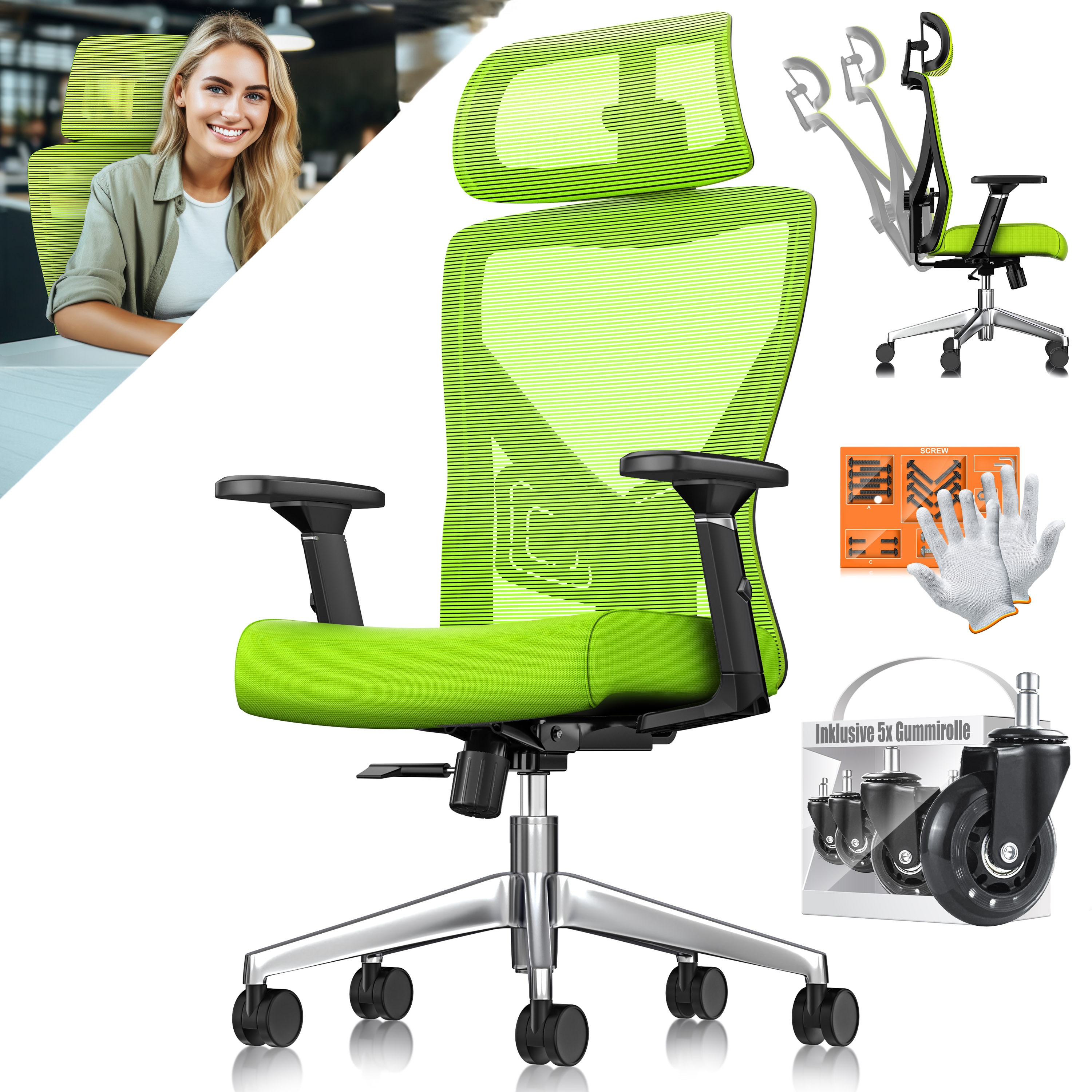 KESSER&reg; B&uuml;rostuhl mit verstellbaren Armlehnen | Drehstuhl mit Lendenwirbelst&uuml;tze R&uuml;ckenschonend | Schreibtischstuhl ergonomisch mit Kopfst&uuml;tze | Office Chair Wippfunktion bis 125&deg; mit 5x Gummirollen - Bild 1