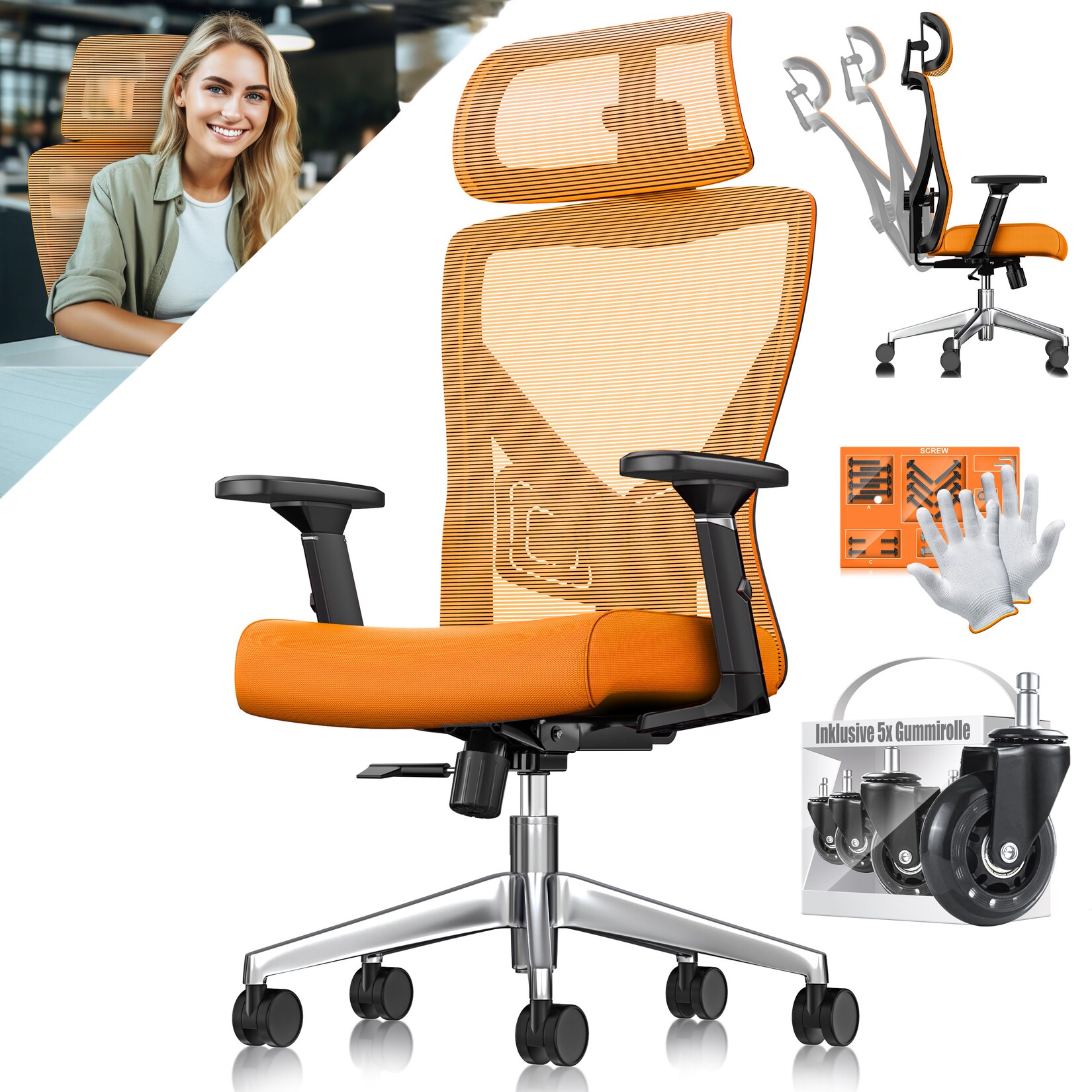 KESSER® Bürostuhl mit verstellbaren Armlehnen   Drehstuhl mit Lendenwirbelstütze Rückenschonend   Schreibtischstuhl ergonomisch mit Kopfstütze   Office Chair Wippfunktion bis 125° mit 5x Gummirollen | 04255598338684