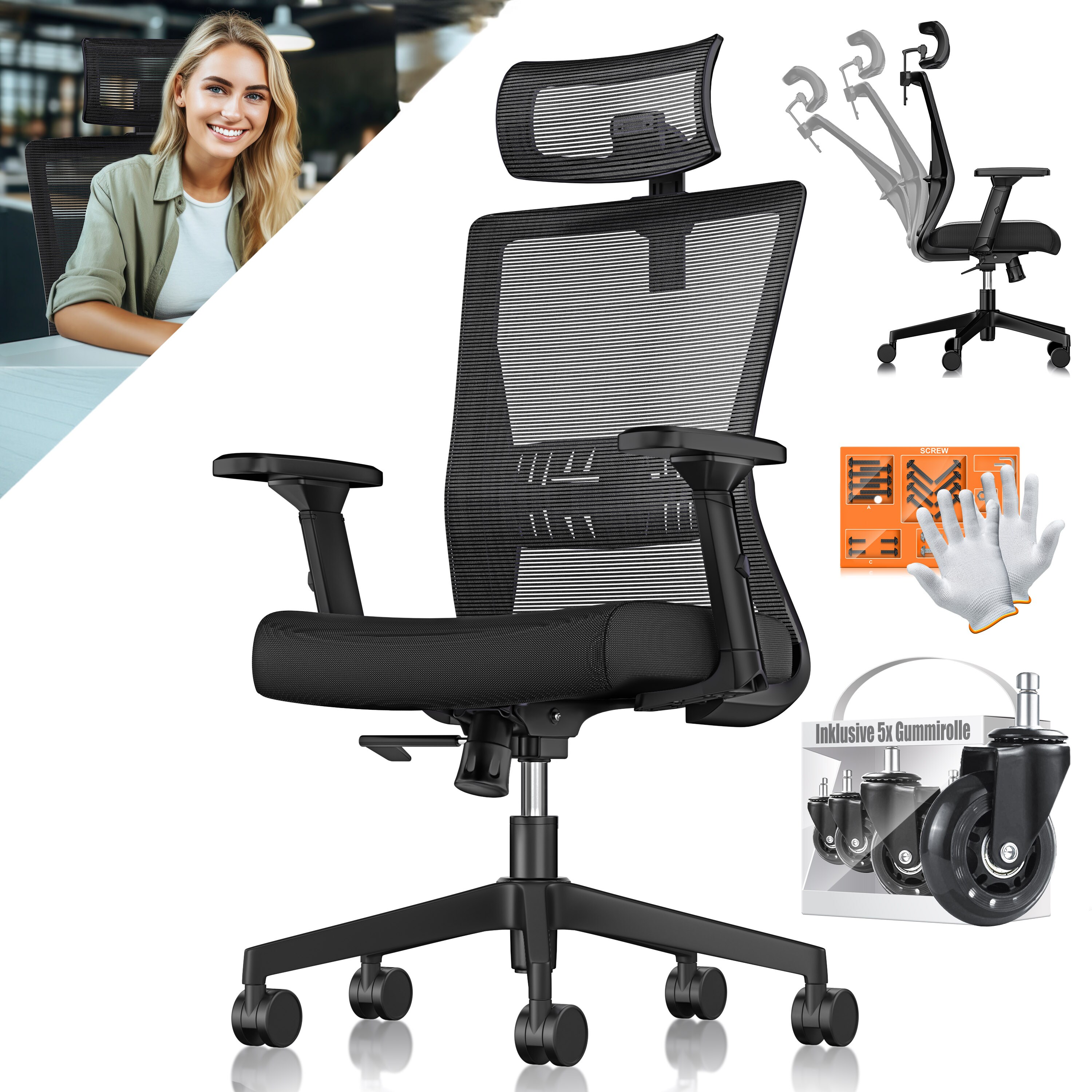 KESSER&reg; B&uuml;rostuhl mit verstellbaren Armlehnen | Drehstuhl mit Lendenwirbelst&uuml;tze R&uuml;ckenschonend | Schreibtischstuhl ergonomisch mit Kopfst&uuml;tze | Office Chair Wippfunktion bis 125&deg; mit 5x Gummirollen - Bild 1