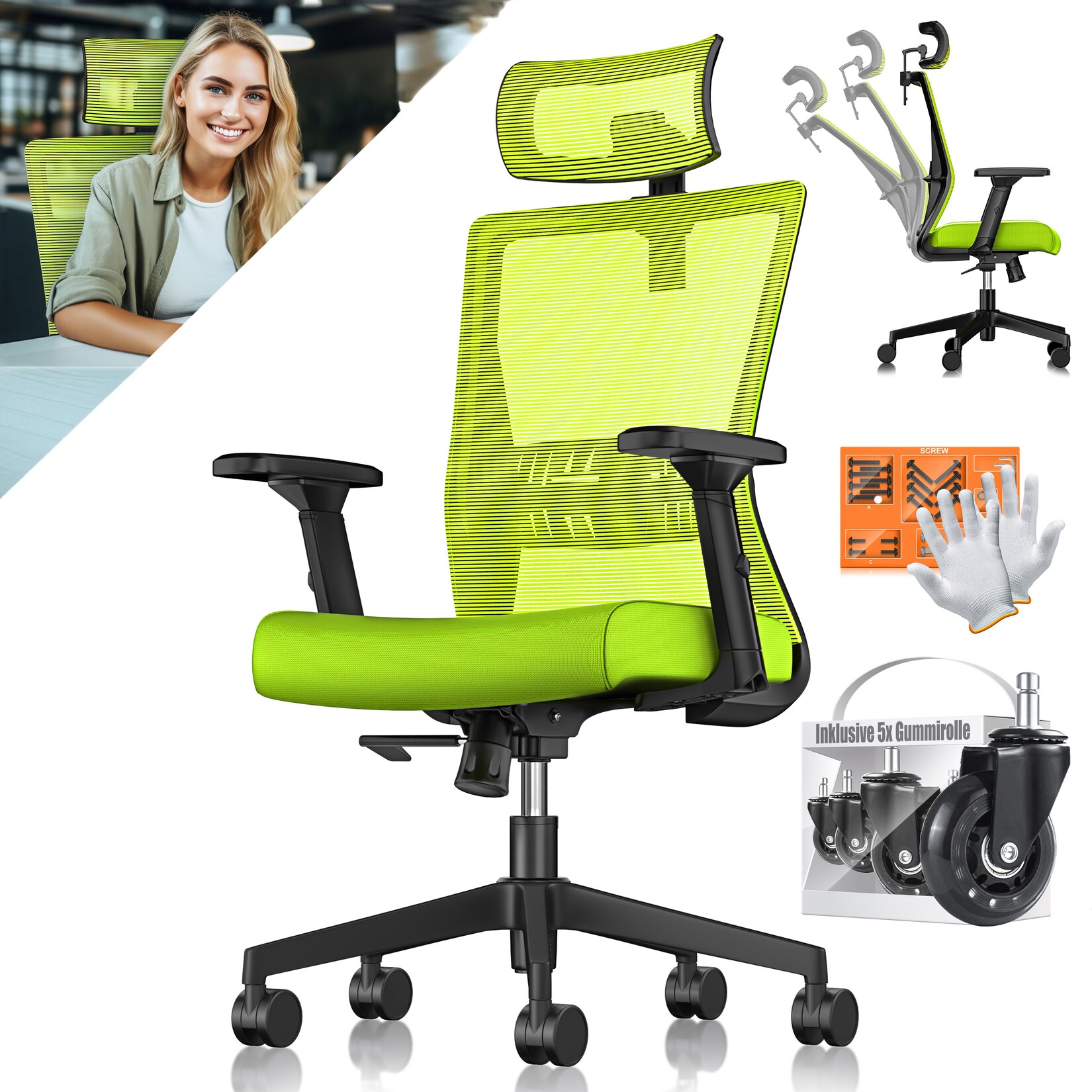 KESSER® Bürostuhl mit verstellbaren Armlehnen   Drehstuhl mit Lendenwirbelstütze Rückenschonend   Schreibtischstuhl ergonomisch mit Kopfstütze   Office Chair Wippfunktion bis 125° mit 5x Gummirollen | 04255598338721