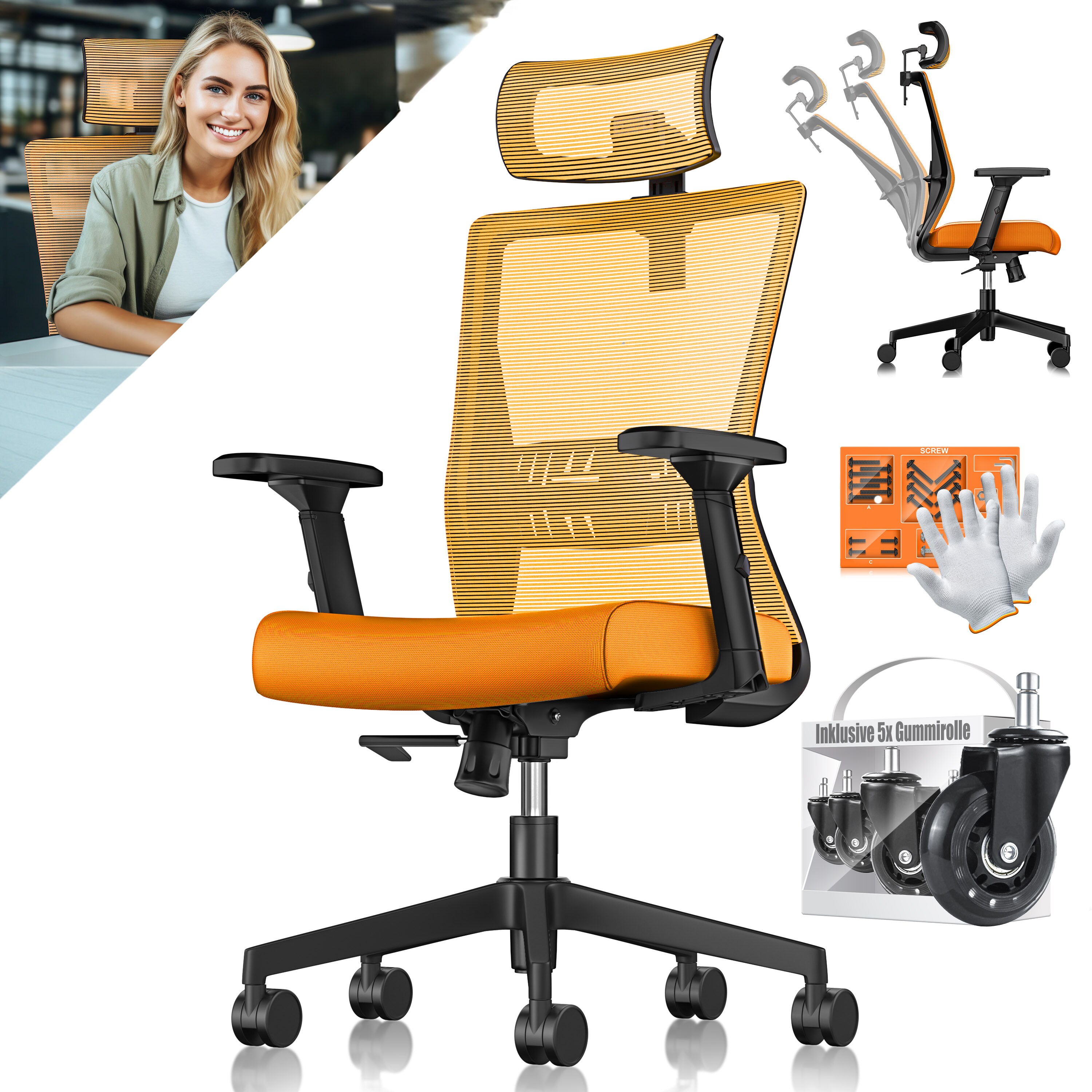 KESSER&reg; B&uuml;rostuhl mit verstellbaren Armlehnen | Drehstuhl mit Lendenwirbelst&uuml;tze R&uuml;ckenschonend | Schreibtischstuhl ergonomisch mit Kopfst&uuml;tze | Office Chair Wippfunktion bis 125&deg; mit 5x Gummirollen - Bild 1