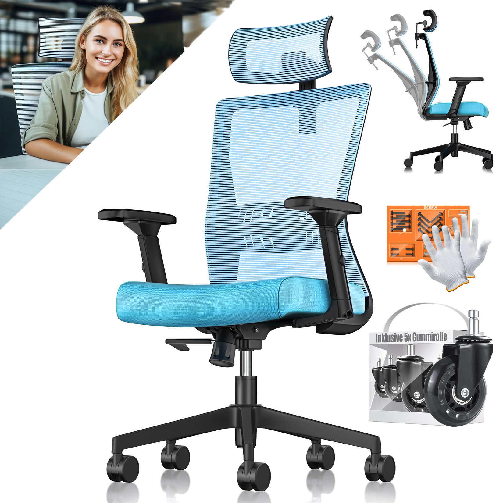 KESSER® Bürostuhl mit verstellbaren Armlehnen Drehstuhl mit Lendenwirbelstütze Rückenschonend Schreibtischstuhl ergonomisch mit Kopfstütze Office Chair Wippfunktion bis 125° mit 5x Gummirollen