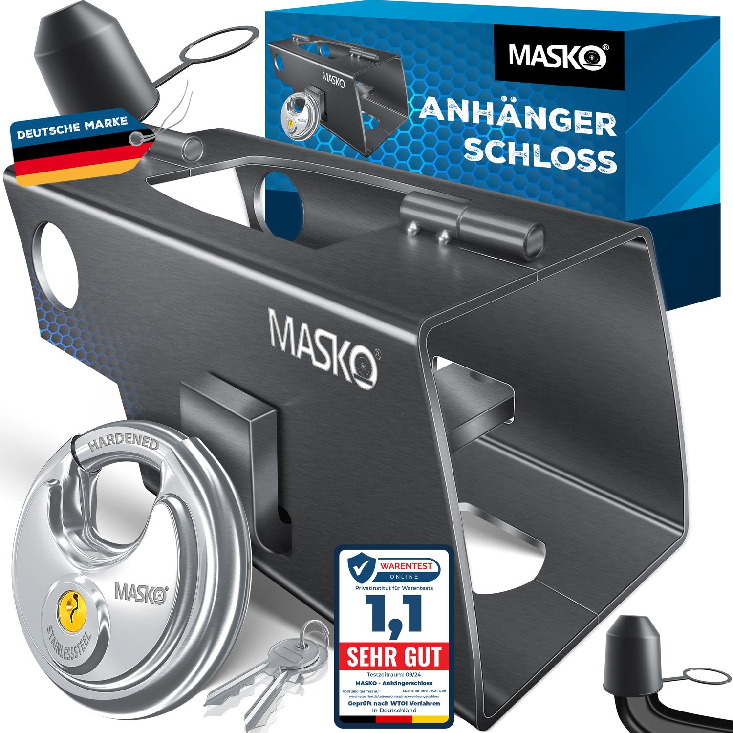 MASKO&reg; Anh&auml;ngerschloss  f&uuml;r Angekoppelte & Abgekoppelte Anh&auml;nger | Anh&auml;nger Schloss Diebstahlschutz Wohnwagen Kastenschloss inkl. Diskusschloss & Schl&uuml;ssel & Schutzkappe - Bild 1