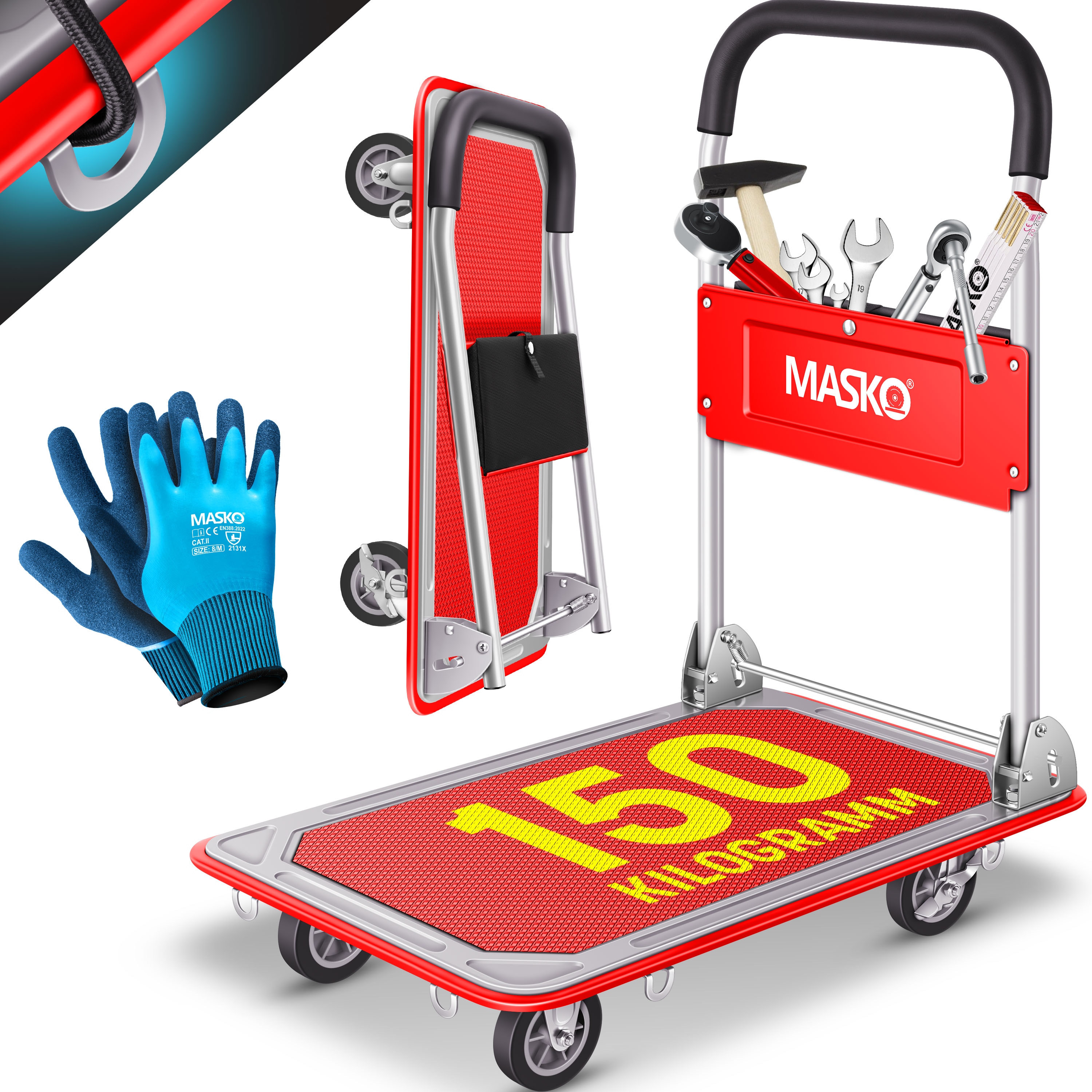 MASKO&reg; Plattformwagen Transportwagen Lagerwagen Klappbar Inkl. Arbeitshandschuhe | Feststellbremse Transporthilfe | Mit 6 Sicherungs&ouml;sen | 360&deg; Lenkrollen | Paketwagen Klappwagen - Bild 1