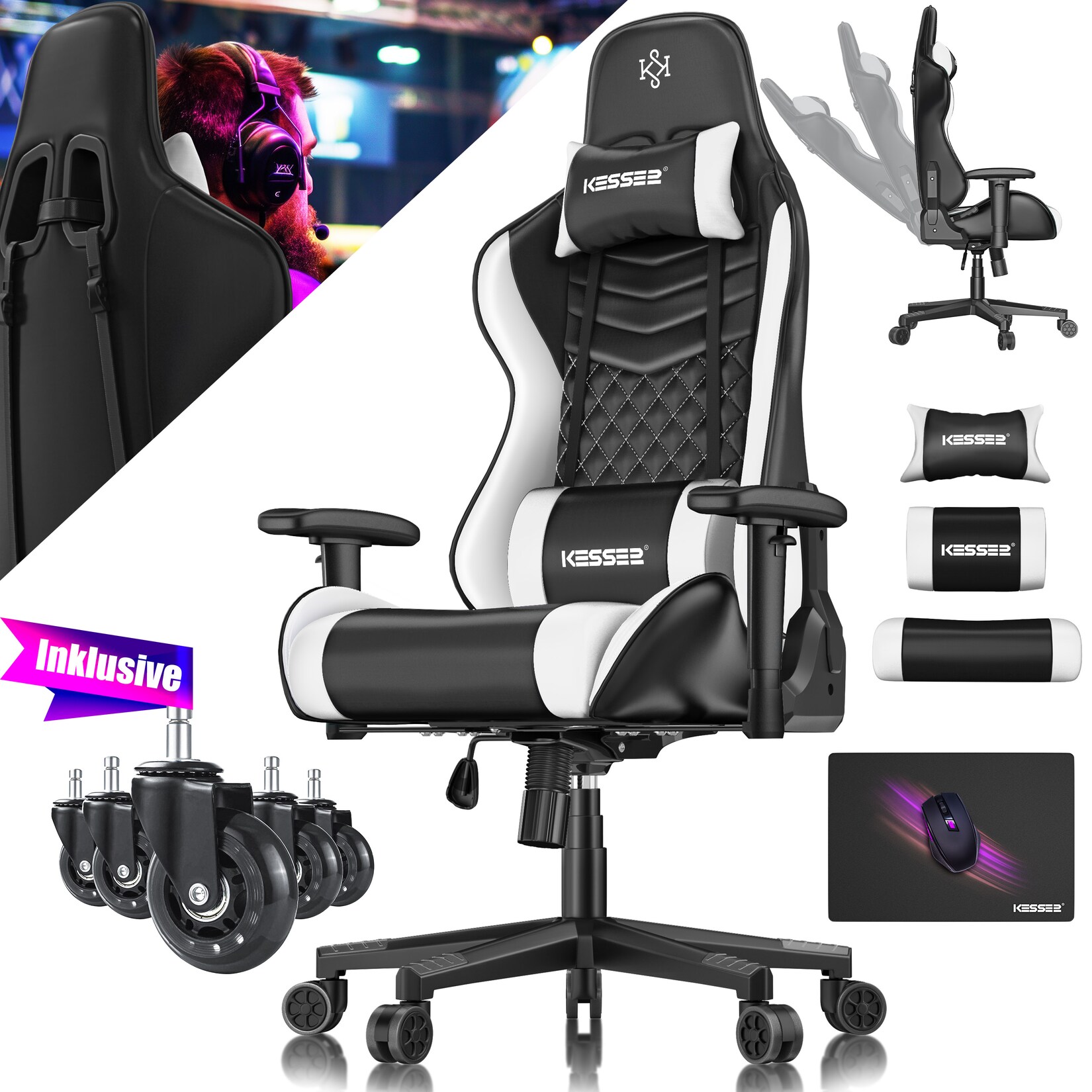 KESSER® Gaming Stuhl Ergonomisch Bürostuhl mit Kopfstütze & Lendenkissen Racing Gamer Stuhl 150kg belastbar Armlehne 360° Drehbarer Schreibtischstuhl Gaming Chair + Gummi-Rollen