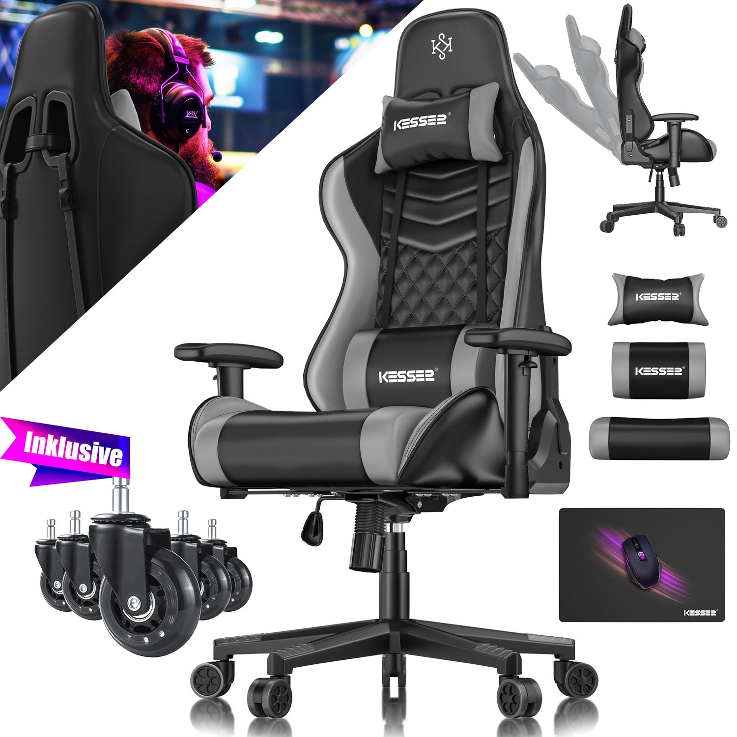 KESSER&reg; Gaming Stuhl Ergonomisch B&uuml;rostuhl mit Kopfst&uuml;tze & Lendenkissen | Racing Gamer Stuhl 150kg belastbar |  Armlehne 360&deg; | Drehbarer Schreibtischstuhl Gaming Chair + Gummi-Rollen - Bild 1