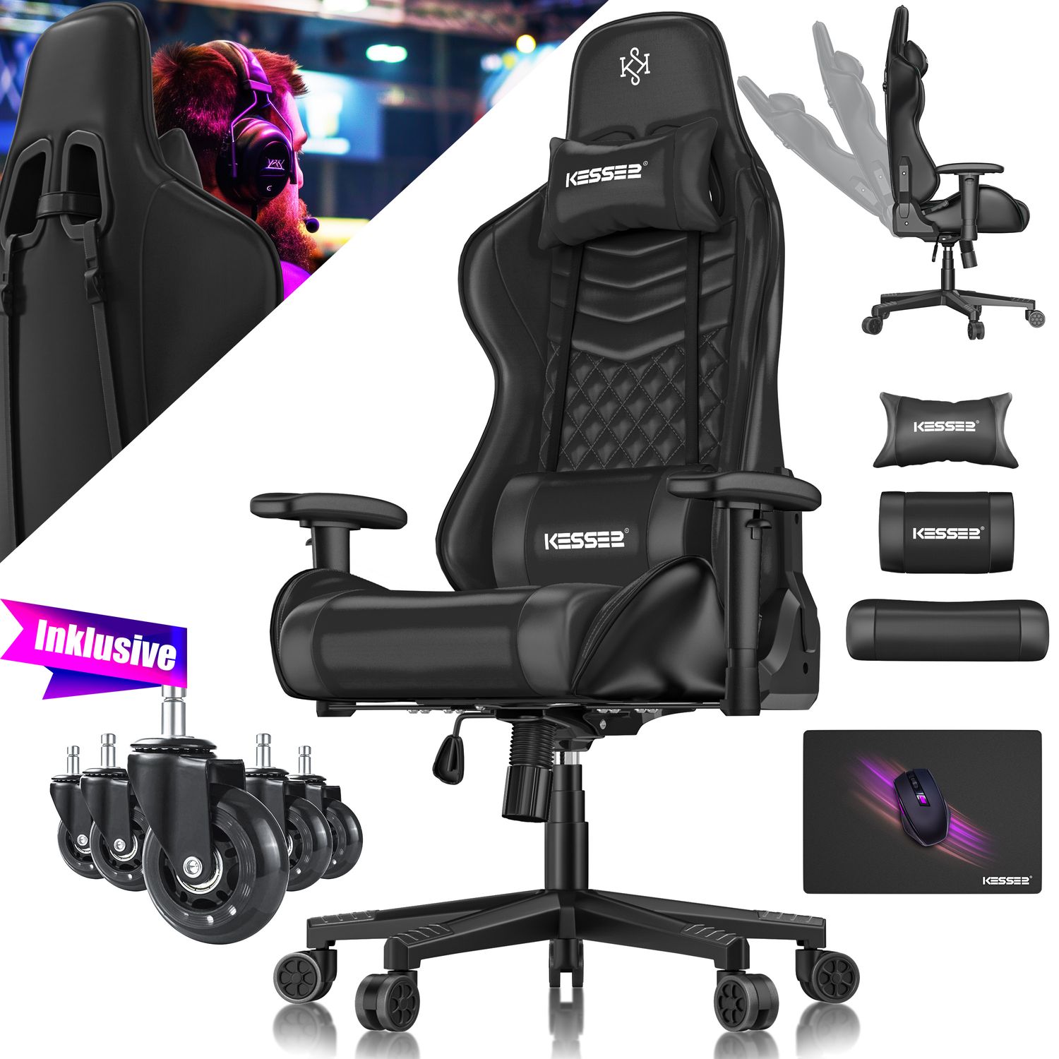 KESSER&reg; Gaming Stuhl Ergonomisch B&uuml;rostuhl mit Kopfst&uuml;tze & Lendenkissen | Racing Gamer Stuhl 150kg belastbar |  Armlehne 360&deg; | Drehbarer Schreibtischstuhl Gaming Chair + Gummi-Rollen - Bild 1