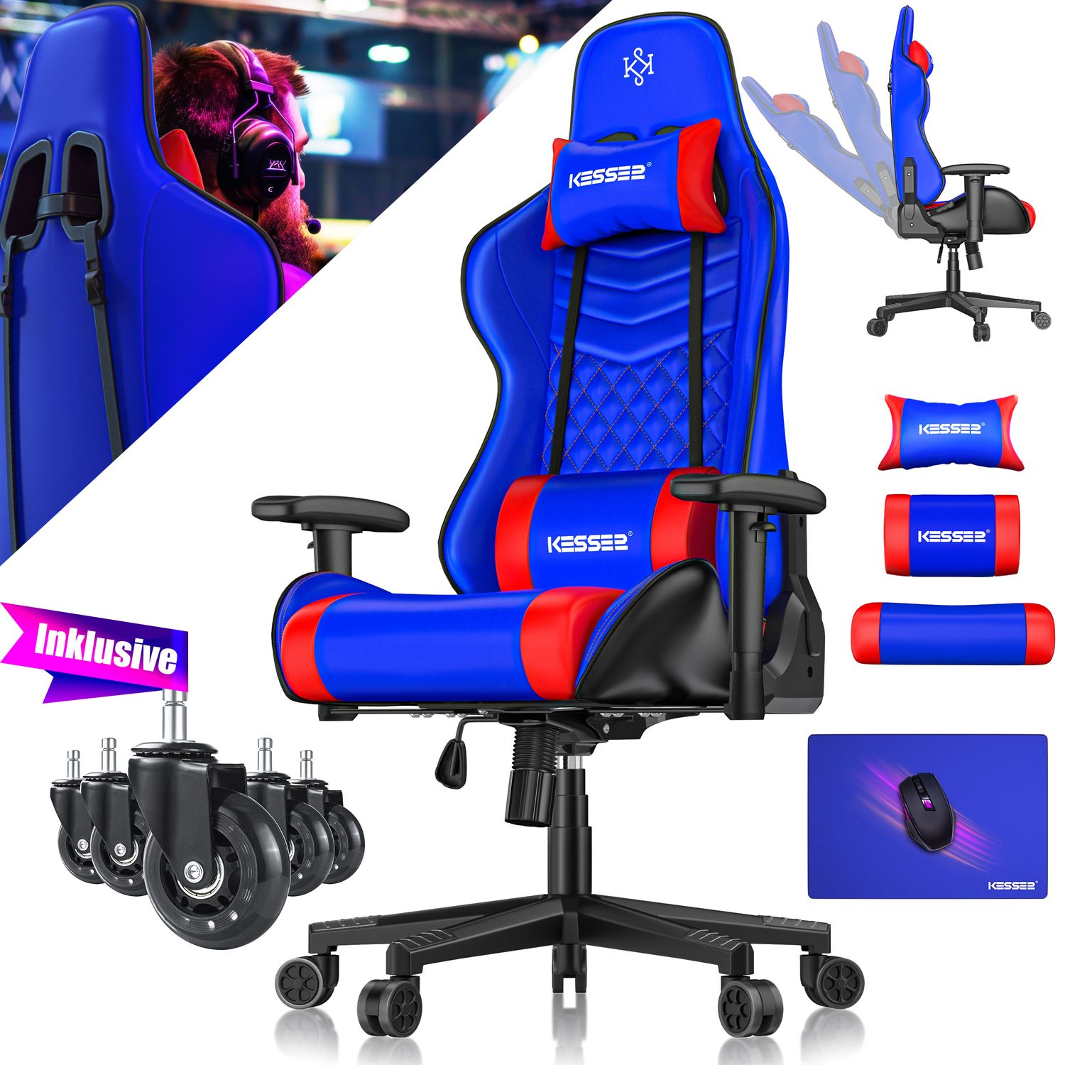 KESSER&reg; Gaming Stuhl Ergonomisch B&uuml;rostuhl mit Kopfst&uuml;tze & Lendenkissen | Racing Gamer Stuhl 150kg belastbar |  Armlehne 360&deg; | Drehbarer Schreibtischstuhl Gaming Chair + Gummi-Rollen - Bild 1