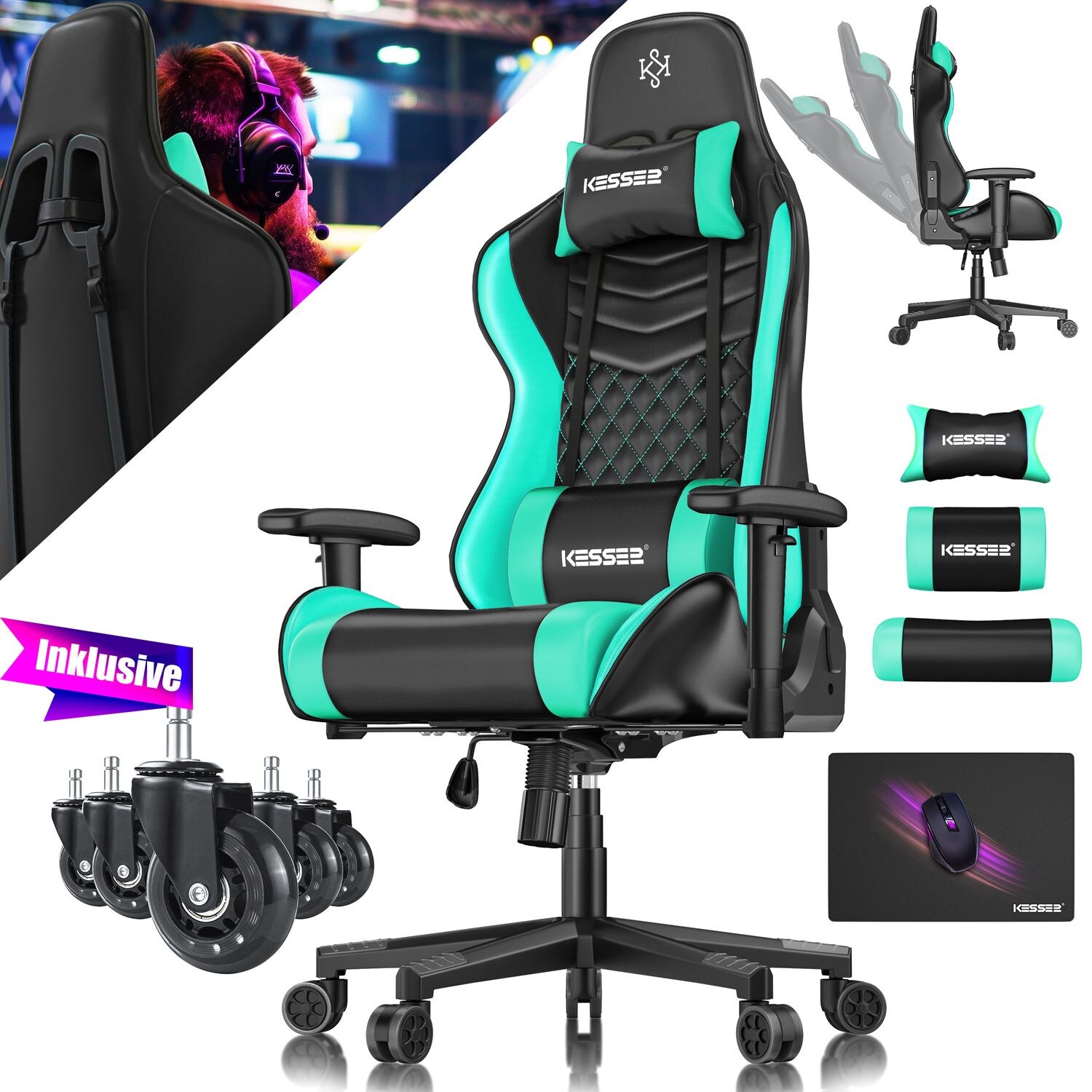 KESSER® Gaming Stuhl Ergonomisch Bürostuhl mit Kopfstütze & Lendenkissen   Racing Gamer Stuhl 150kg belastbar    Armlehne 360°   Drehbarer Schreibtischstuhl Gaming Chair + Gummi-Rollen | 04255598339131