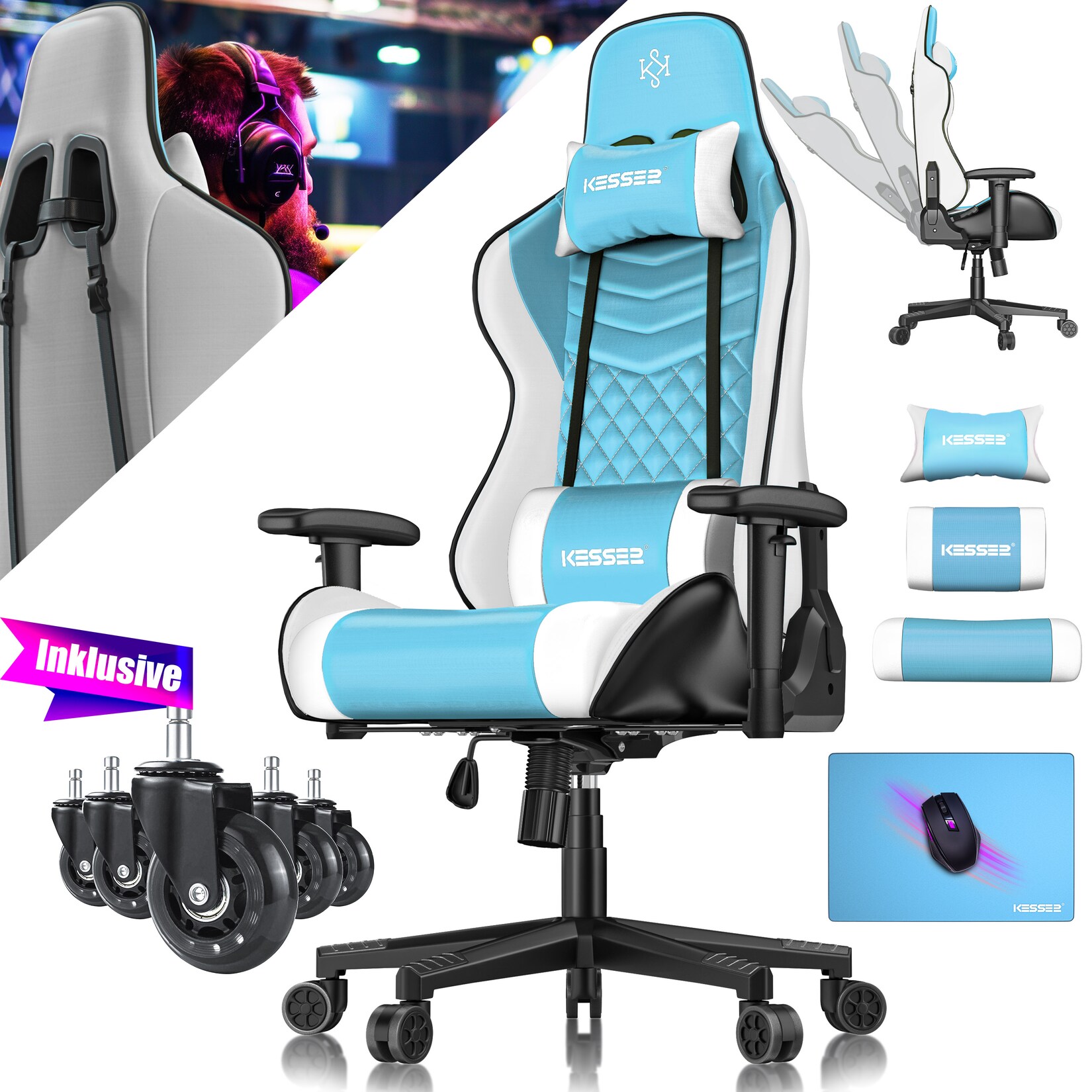KESSER® Gaming Stuhl Ergonomisch Bürostuhl mit Kopfstütze & Lendenkissen Racing Gamer Stuhl 150kg belastbar Armlehne 360° Drehbarer Schreibtischstuhl Gaming Chair + Gummi-Rollen