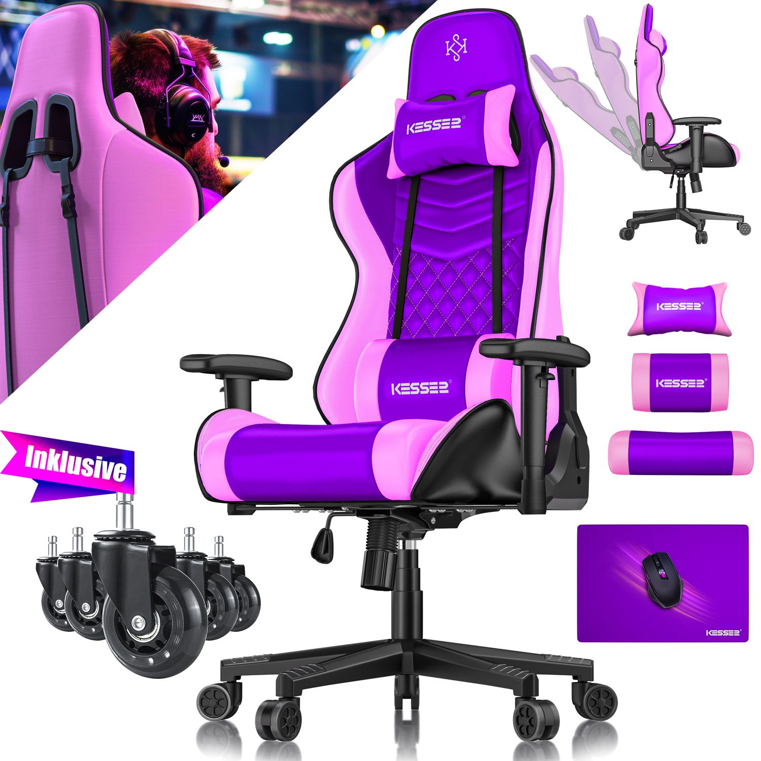 KESSER&reg; Gaming Stuhl Ergonomisch B&uuml;rostuhl mit Kopfst&uuml;tze & Lendenkissen | Racing Gamer Stuhl 150kg belastbar |  Armlehne 360&deg; | Drehbarer Schreibtischstuhl Gaming Chair + Gummi-Rollen - Bild 1