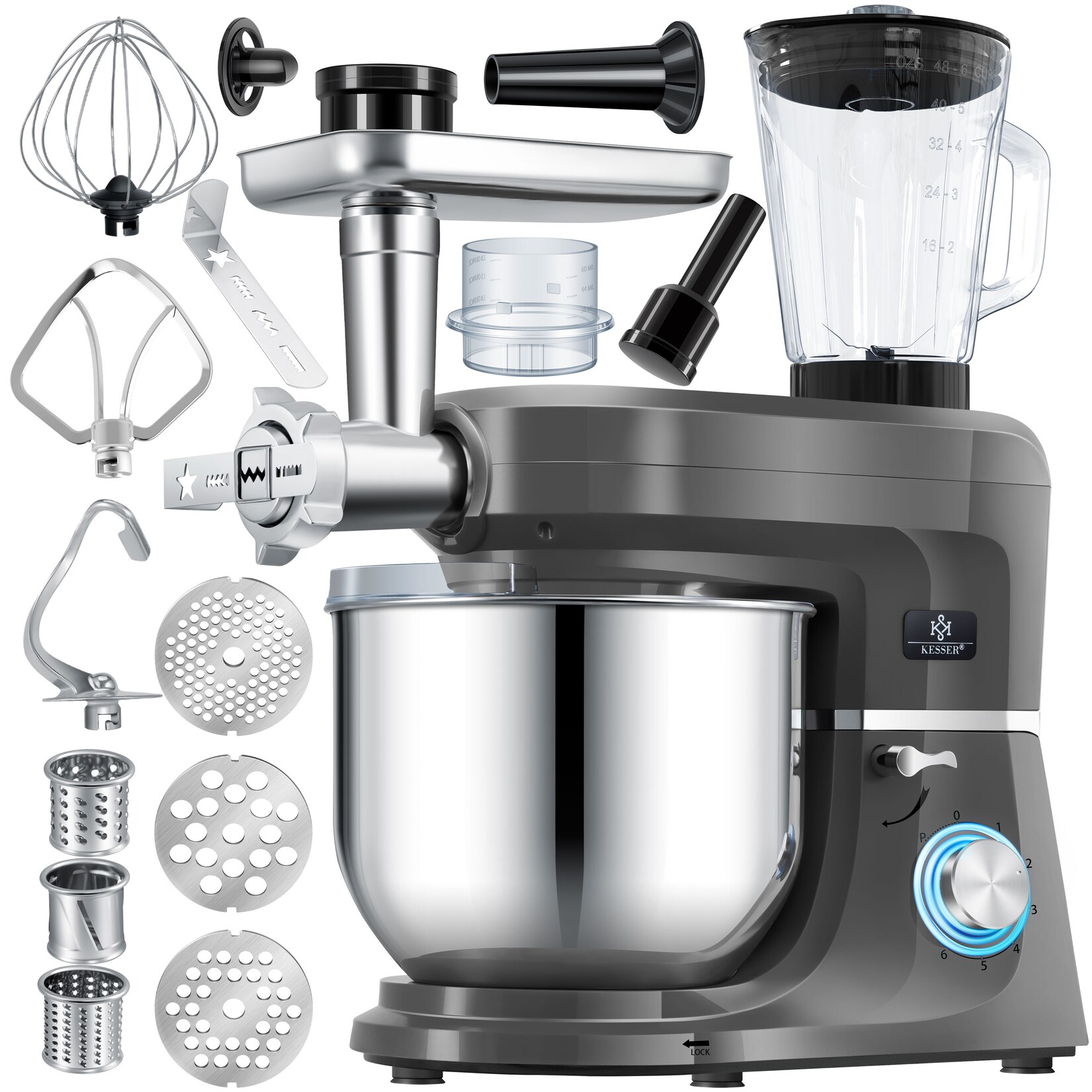 ® 3 in 1 Universal Küchenmaschine K-KM 3000 mit Fleischwolf Knetmaschine Multifuntionale Rührmaschine  Schüssel mit 3 Rührwerkzeuge 1,5L Entsafter Wurst Set Pasta & Plätzchenformen