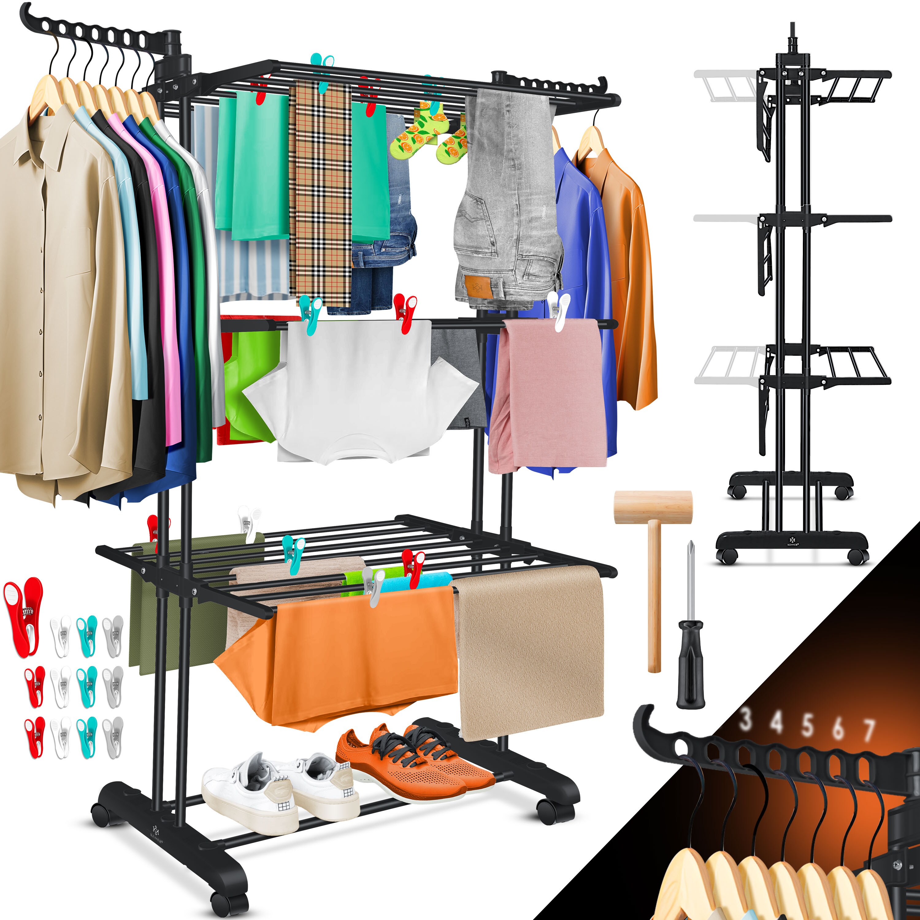 KESSER&reg; W&auml;schest&auml;nder-Turm mit R&auml;dern Platzsparender W&auml;schetrockner f&uuml;r Innen & Au&szlig;en 4-Etagen 2 drehbare Seitenfl&uuml;gel und 6 klappbare Ebenen Standtrockner W&auml;scheturm Zusammenklappbar - Bild 1