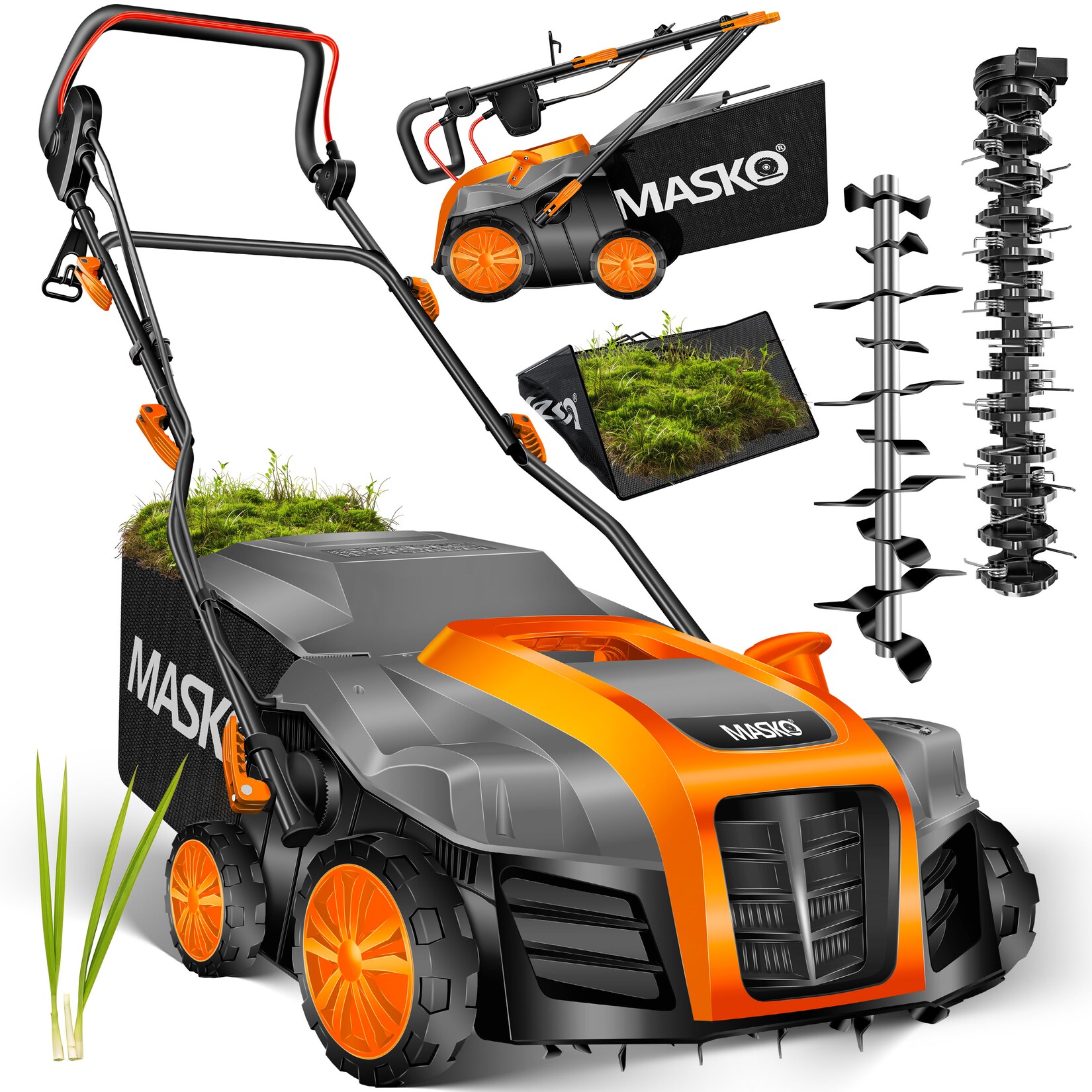 MASKO® - Elektro 2in1 Vertikutierer Rasenlüfter 1800 Watt 40cm Arbeitsbreite 55L Fangkorb inkl. Lüfterwalze Lüfter Moosentferner, 5-stufige Arbeitstiefe einstellbar , höhenverstellbarer Holm