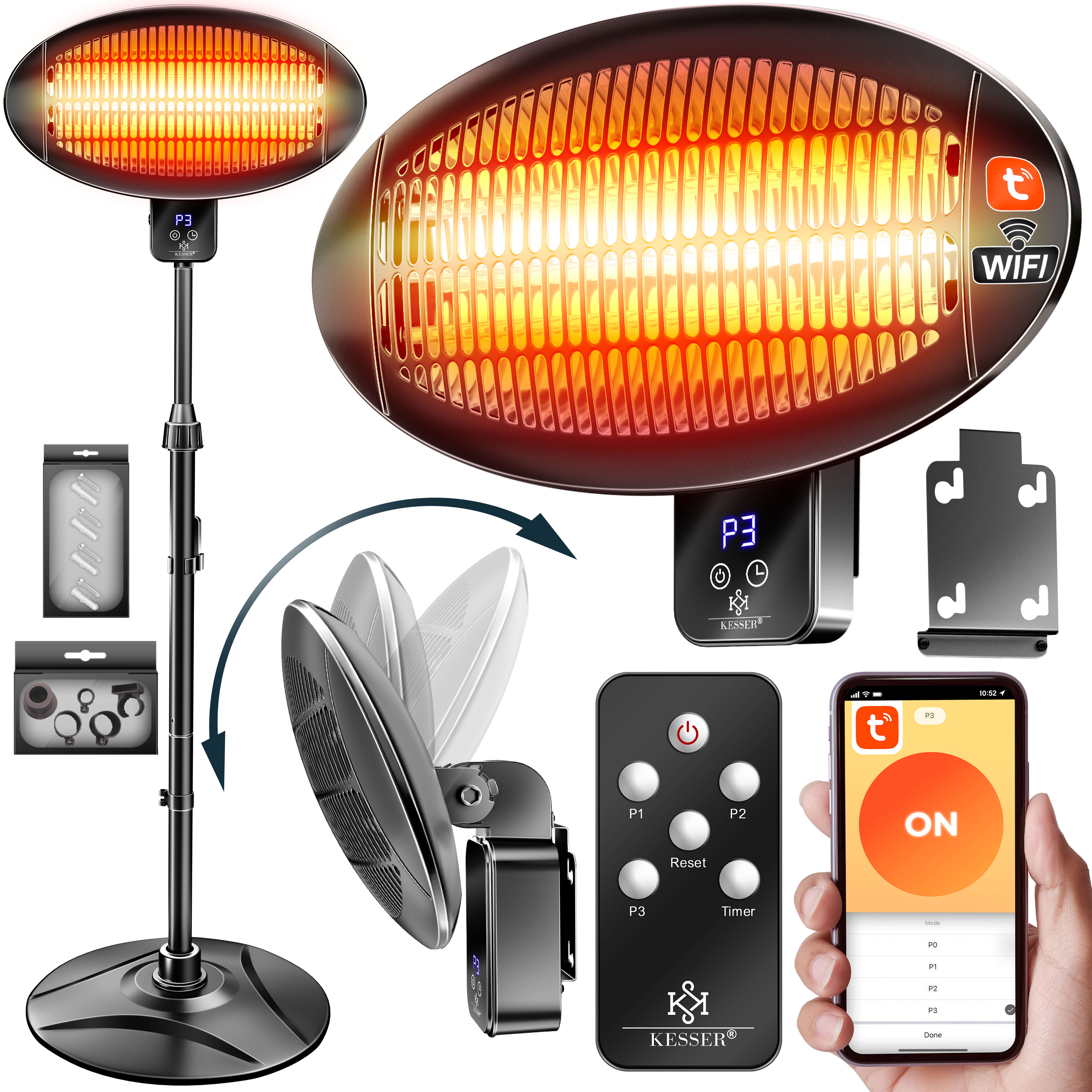 KESSER&reg; Infrarot Heizstrahler 2000W Terrassenstrahler mit WIFI & Fernbedienung 360&deg; drehbar, h&ouml;henverstellbar, Stand- & Wandmontage Kippschutz, IPX4 spritzwassergesch&uuml;tzt W&auml;rmestrahler Balkon & Garten - Bild 1