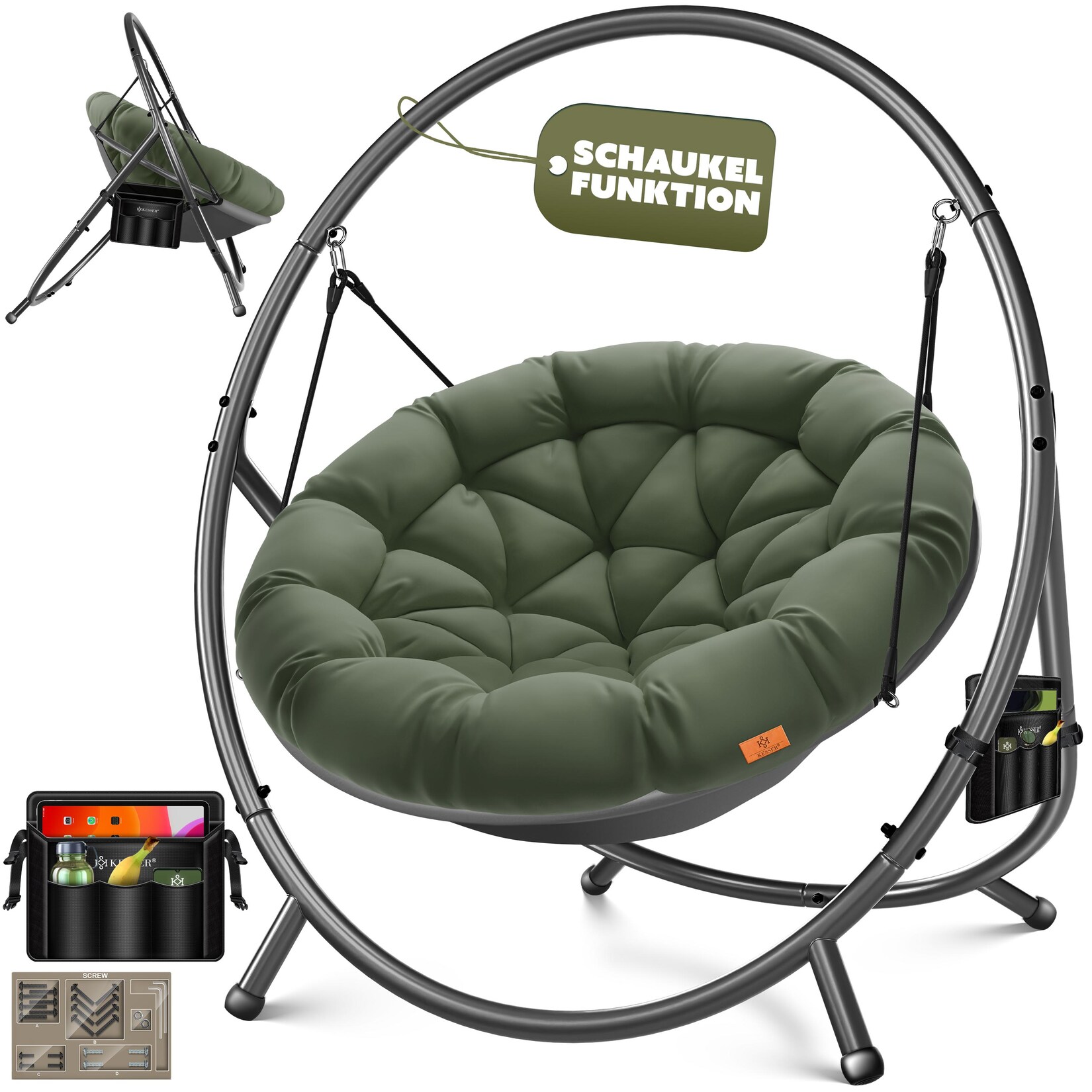 KESSER® Hängesessel mit Gestell BALI Hängeschaukel Hängestuhl bis 150kg für Indoor und Outdoor + Kissen & Seitentasche Hängekorb Stahlgestell & Schaumstoff Sitzpolster ideal für Wohnzimmer & Garten | 04255598355056