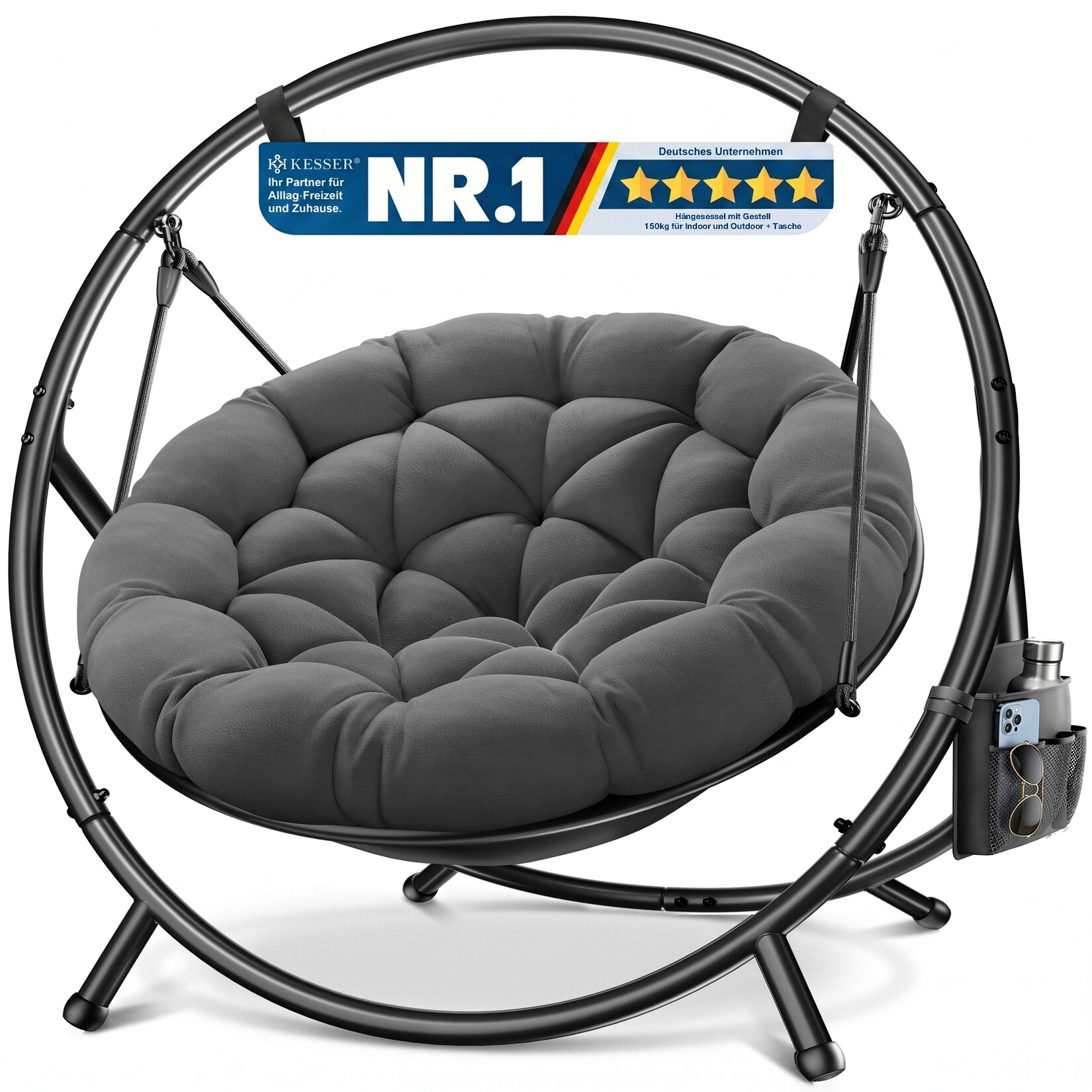 KESSER® Hängesessel mit Gestell BALI Hängeschaukel Hängestuhl bis 150kg für Indoor und Outdoor + Kissen & Seitentasche Hängekorb Stahlgestell & Schaumstoff Sitzpolster ideal für Wohnzimmer & Garten