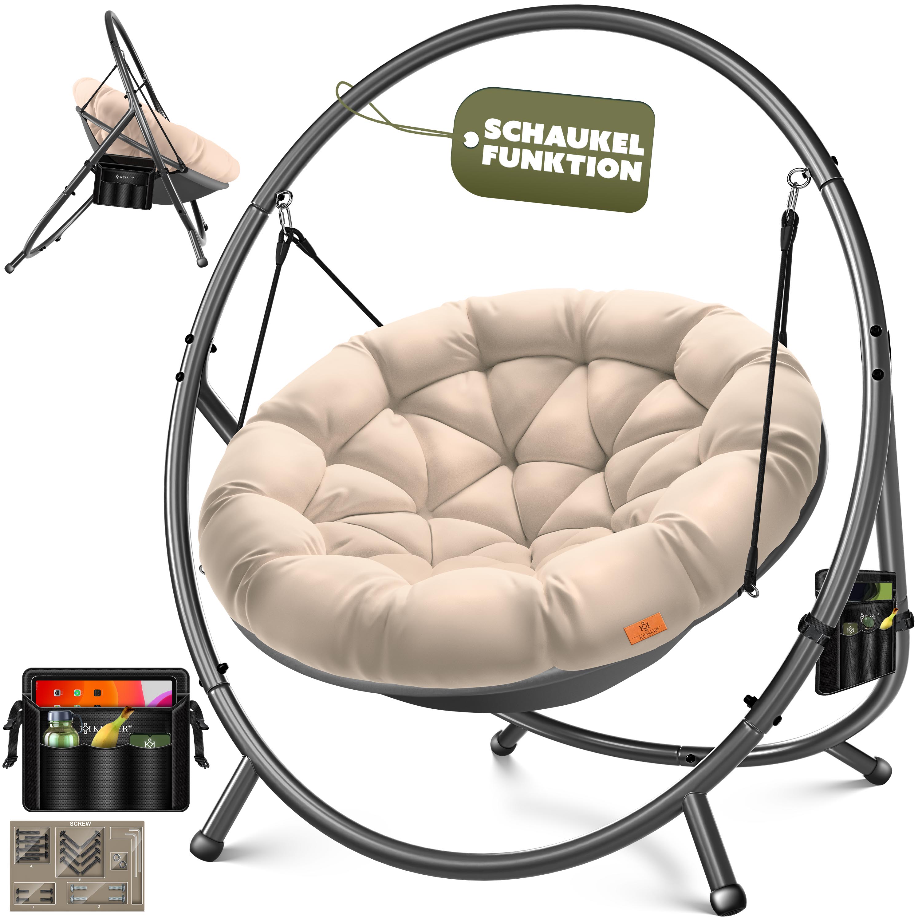 KESSER&reg; H&auml;ngesessel mit Gestell BALI H&auml;ngeschaukel H&auml;ngestuhl bis 150kg f&uuml;r Indoor und Outdoor + Kissen & Seitentasche H&auml;ngekorb Stahlgestell & Schaumstoff Sitzpolster ideal f&uuml;r Wohnzimmer & Garten - Bild 1