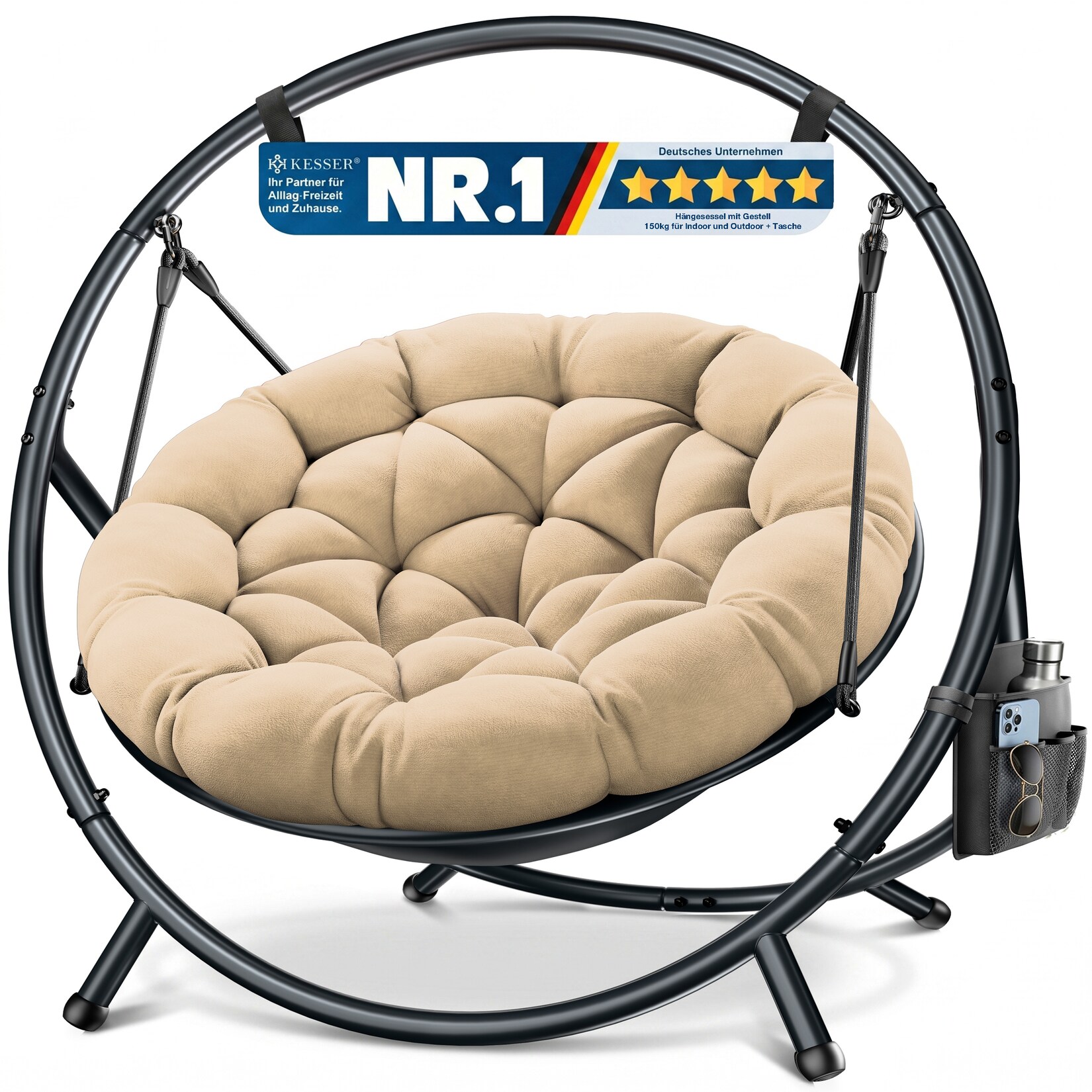 KESSER® Hängesessel mit Gestell BALI Hängeschaukel Hängestuhl bis 150kg für Indoor und Outdoor + Kissen & Seitentasche Hängekorb Stahlgestell & Schaumstoff Sitzpolster ideal für Wohnzimmer & Garten