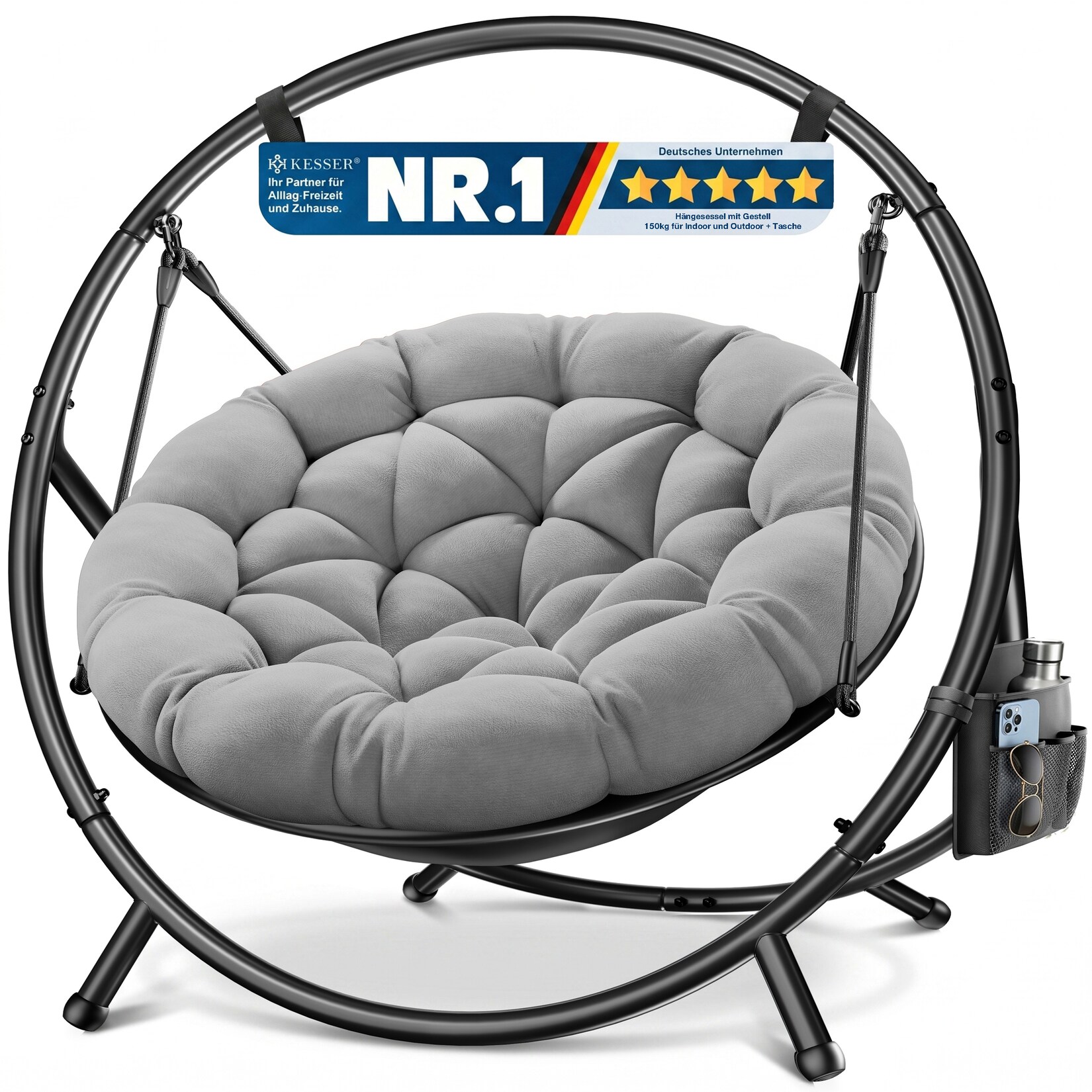 KESSER® Hängesessel mit Gestell BALI Hängeschaukel Hängestuhl bis 150kg für Indoor und Outdoor + Kissen & Seitentasche Hängekorb Stahlgestell & Schaumstoff Sitzpolster ideal für Wohnzimmer & Garten