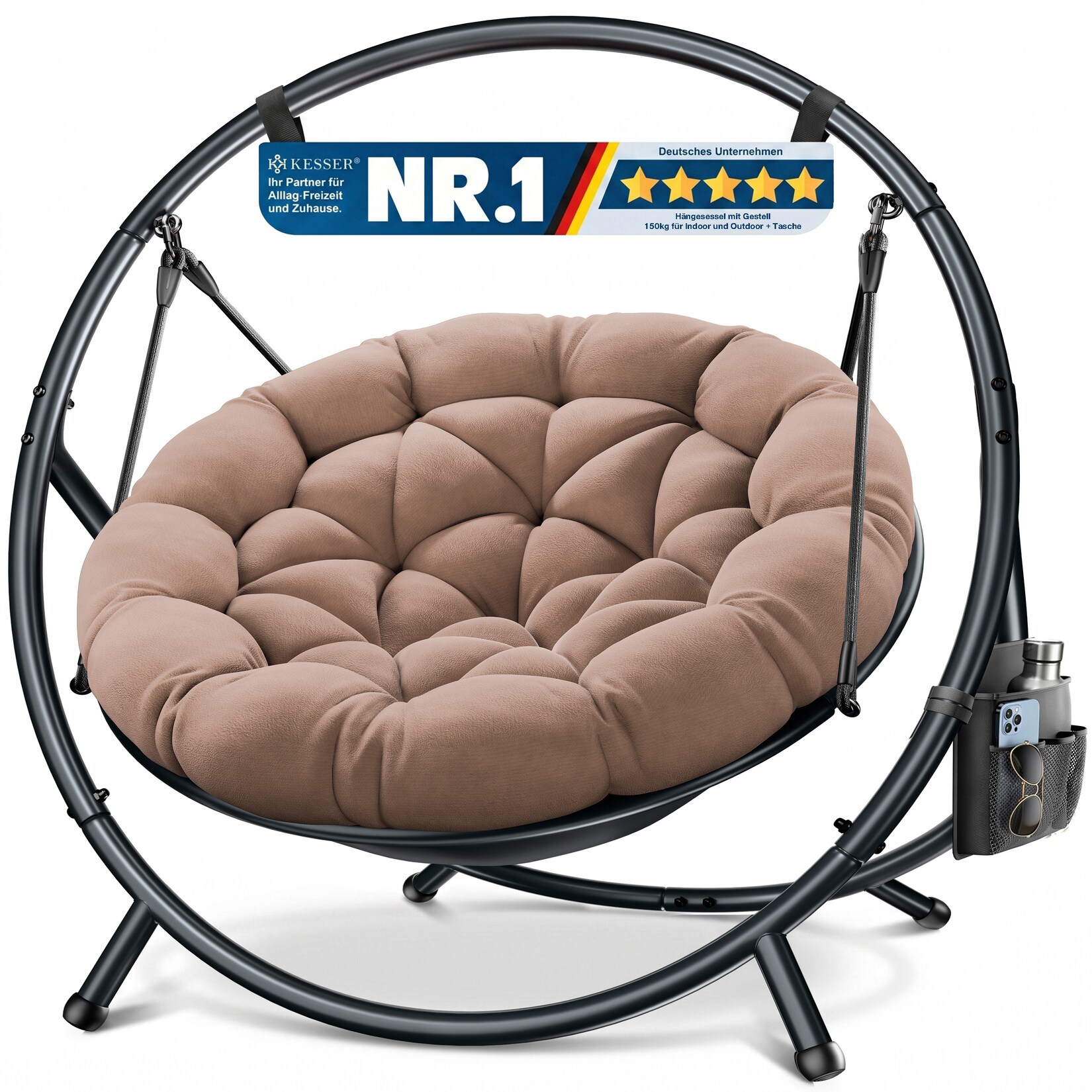 KESSER® Hängesessel mit Gestell BALI Hängeschaukel Hängestuhl bis 150kg für Indoor und Outdoor + Kissen & Seitentasche Hängekorb Stahlgestell & Schaumstoff Sitzpolster ideal für Wohnzimmer & Garten
