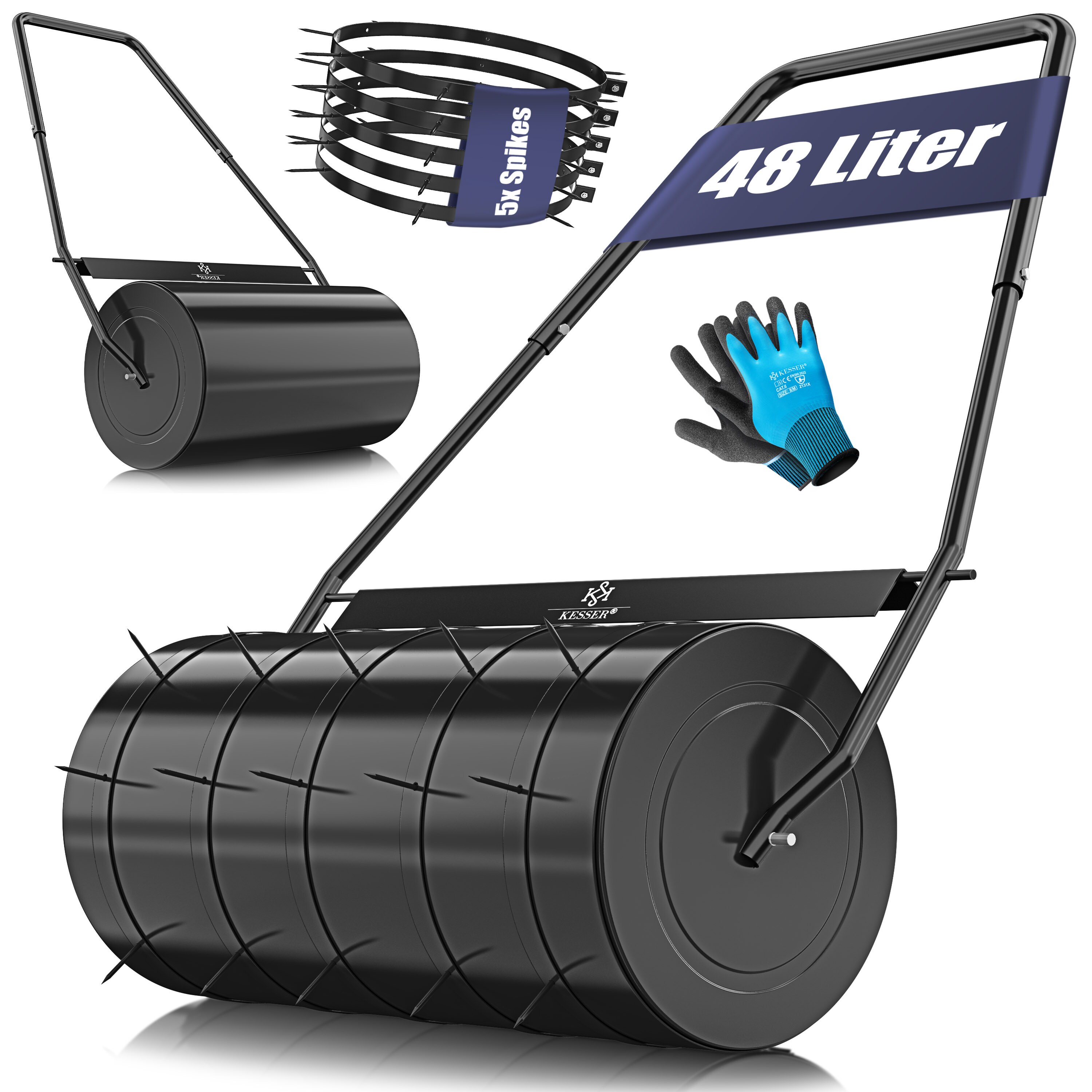 KESSER&reg; Rasenwalze Metall mit 5x Spikes & Handschuhen Handwalze Rasenroller Gartenwalze Ackerwalze Walze bef&uuml;llbar mit Wasser oder Sand - Bild 1
