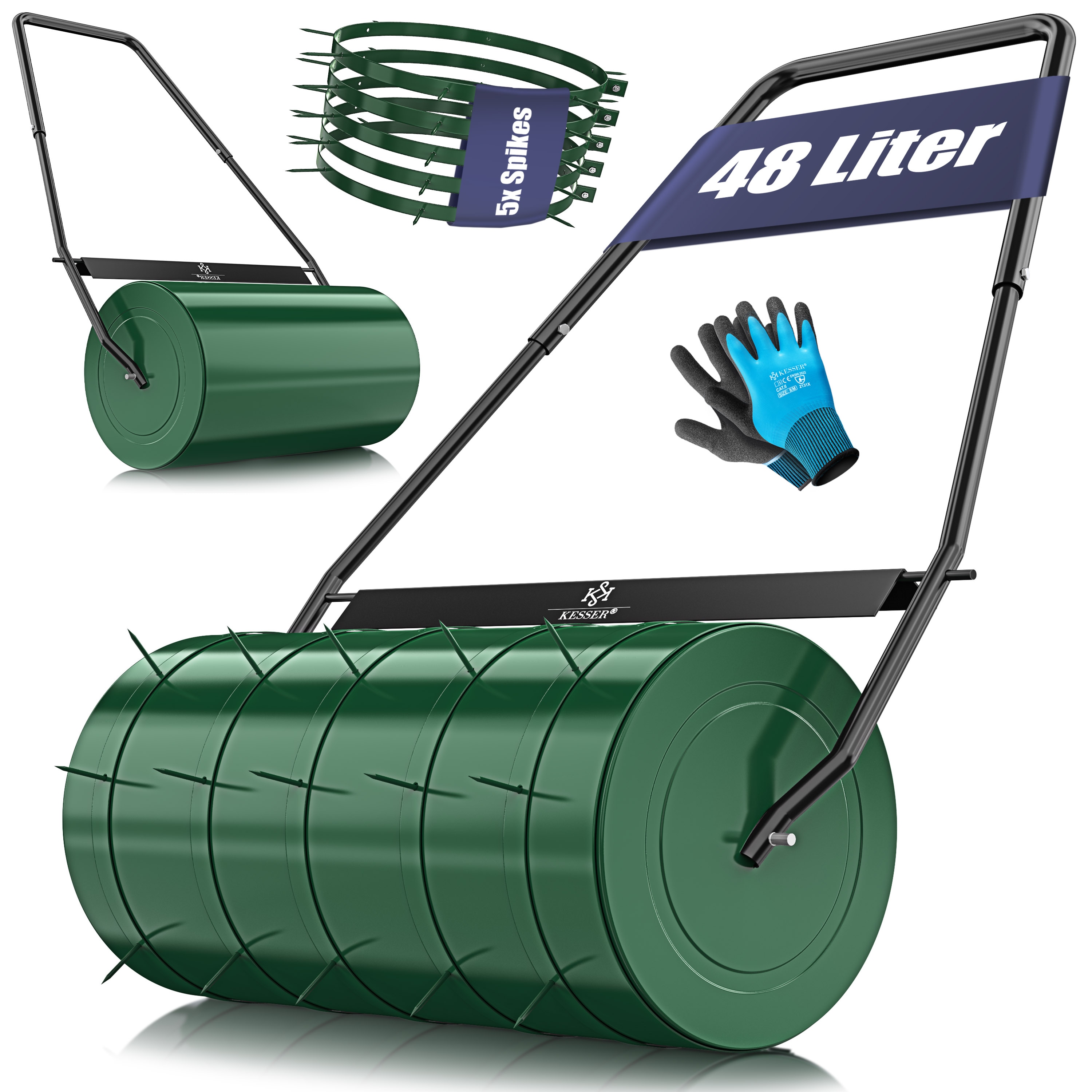 KESSER&reg; Rasenwalze Metall mit 5x Spikes & Handschuhen Handwalze Rasenroller Gartenwalze Ackerwalze Walze bef&uuml;llbar mit Wasser oder Sand - Bild 1