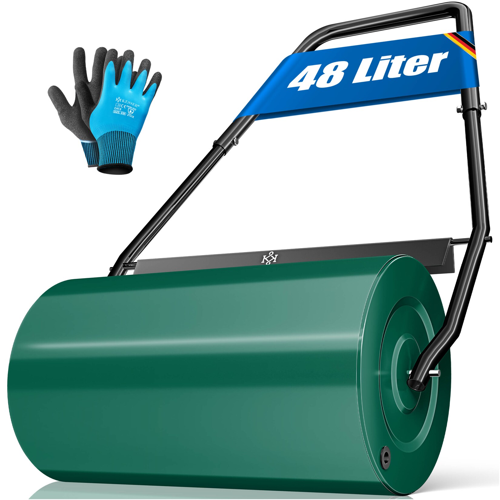 ® Rasenwalze Metall mit 5x Spikes & Handschuhen Handwalze Rasenroller Gartenwalze Ackerwalze Walze befüllbar mit Wasser oder Sand