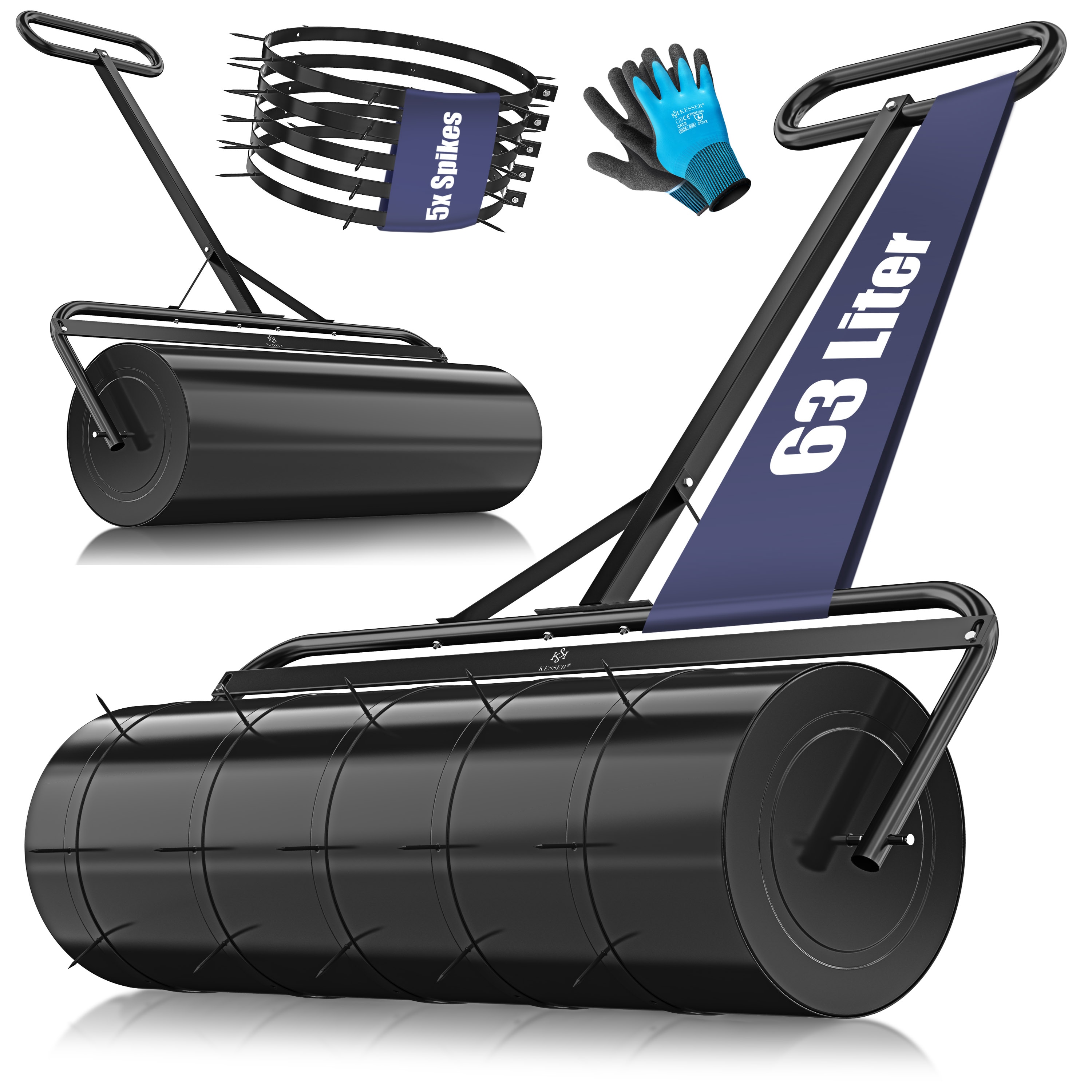 KESSER&reg; Rasenwalze Metall mit 5x Spikes & Handschuhen Handwalze Rasenroller Gartenwalze Ackerwalze Walze bef&uuml;llbar mit Wasser oder Sand - Bild 1