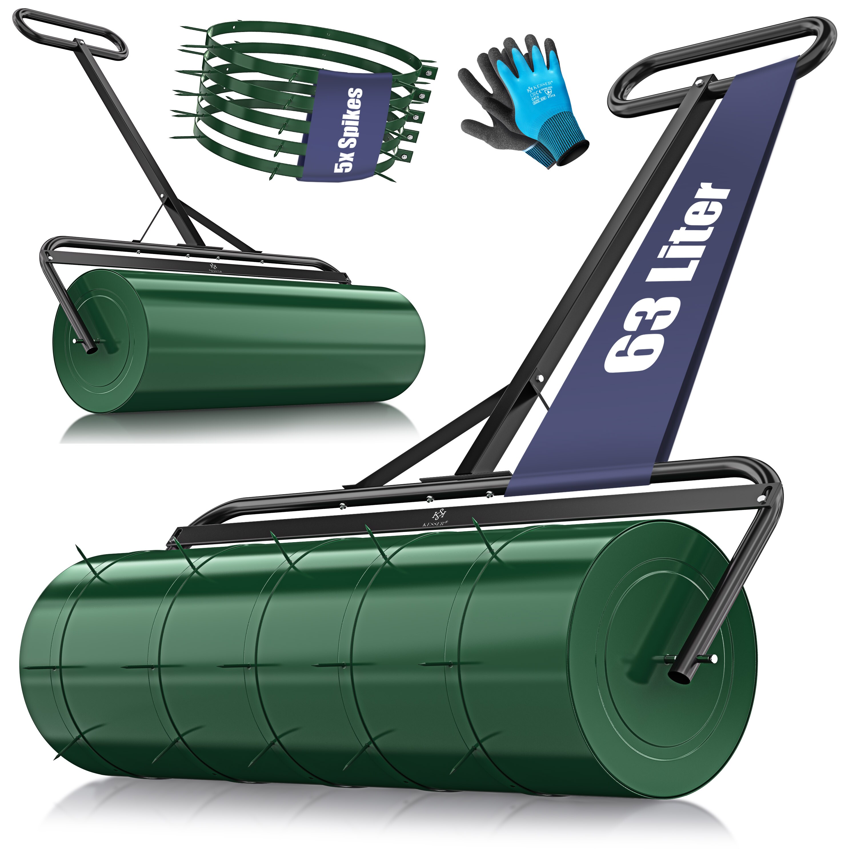 KESSER&reg; Rasenwalze Metall mit 5x Spikes & Handschuhen Handwalze Rasenroller Gartenwalze Ackerwalze Walze bef&uuml;llbar mit Wasser oder Sand - Bild 1