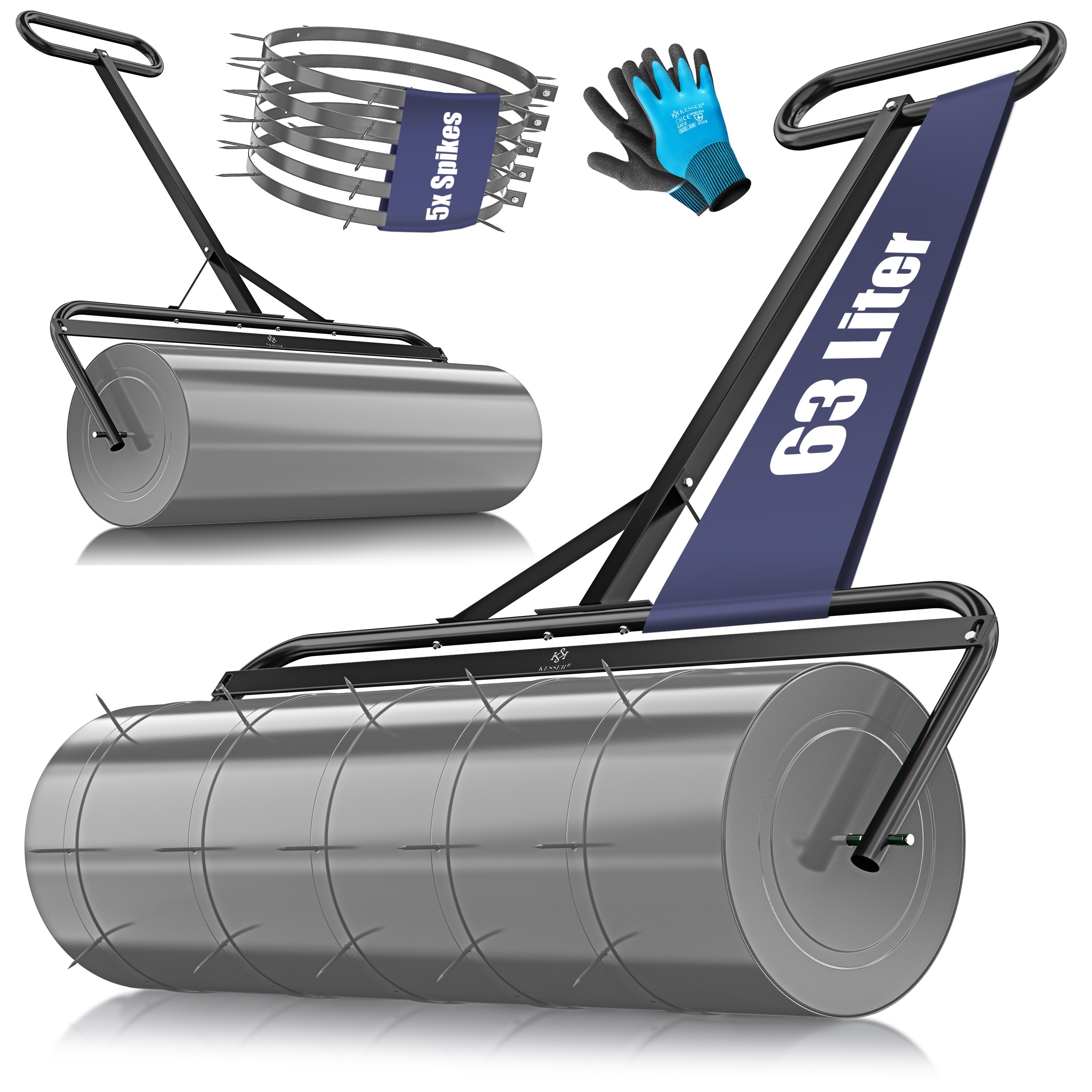 KESSER&reg; Rasenwalze Metall mit 5x Spikes & Handschuhen Handwalze Rasenroller Gartenwalze Ackerwalze Walze bef&uuml;llbar mit Wasser oder Sand - Bild 1