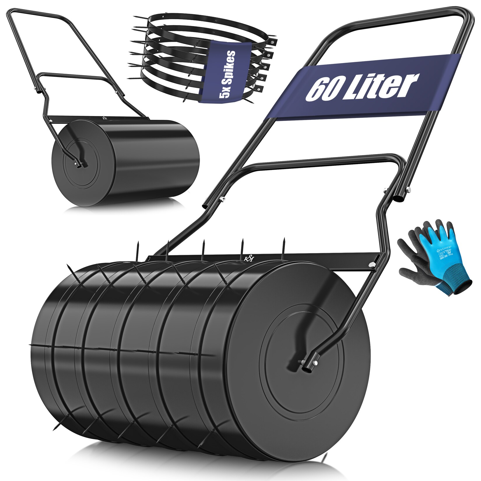 KESSER® Rasenwalze Metall mit 5x Spikes & Handschuhen Handwalze Rasenroller Gartenwalze Ackerwalze Walze befüllbar mit Wasser oder Sand | 04255598356077