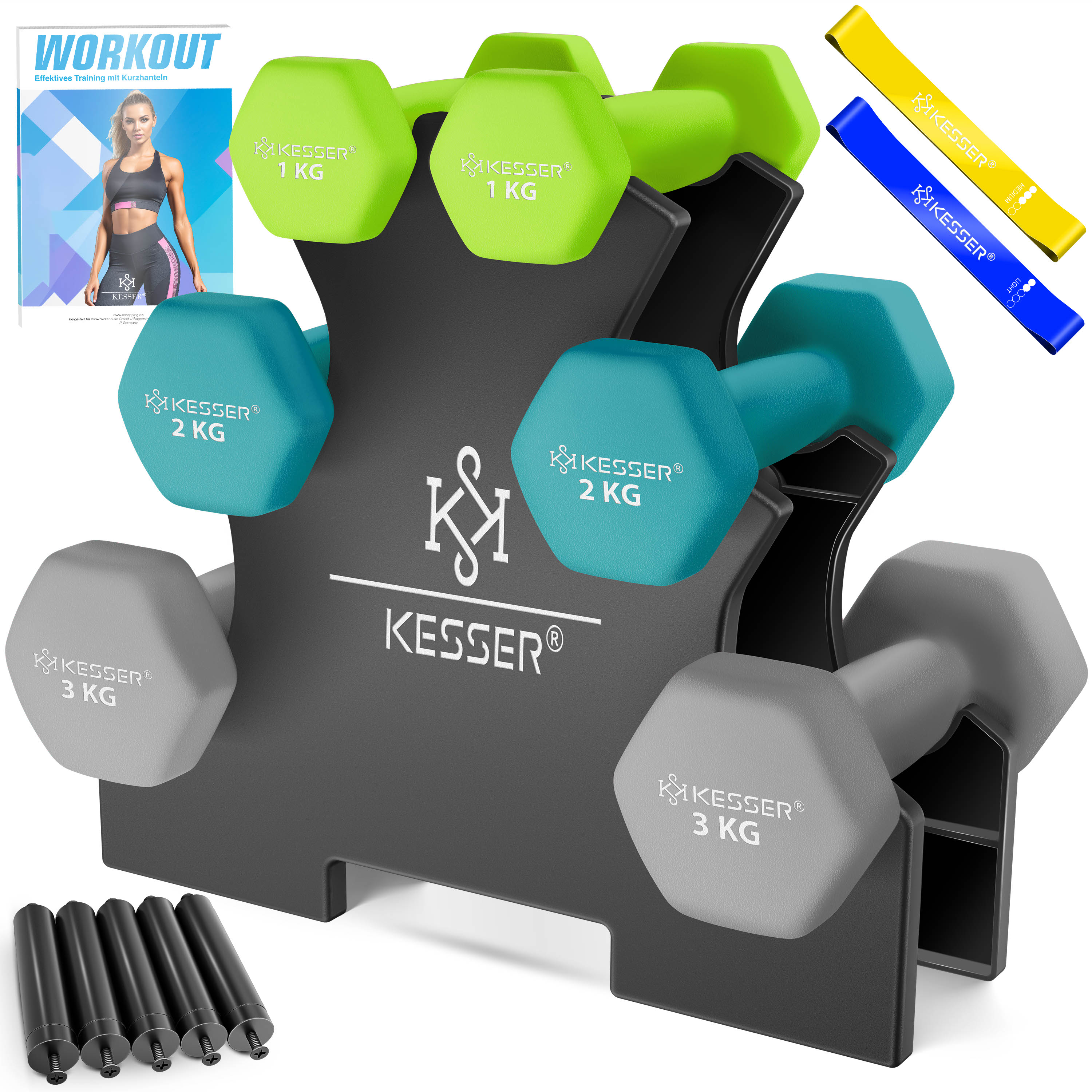 KESSER&reg; Hantel-Set, 3 Paar, 1kg - 5kg, 12kg oder 18kg kurzhanteln mit St&auml;nder Aufbewahrung, Fitnessstudio, Krafttraining, Hantelset rutschfeste Neopren, Mit &Uuml;bungsheft, 2x Fitnessb&auml;nder - Bild 1