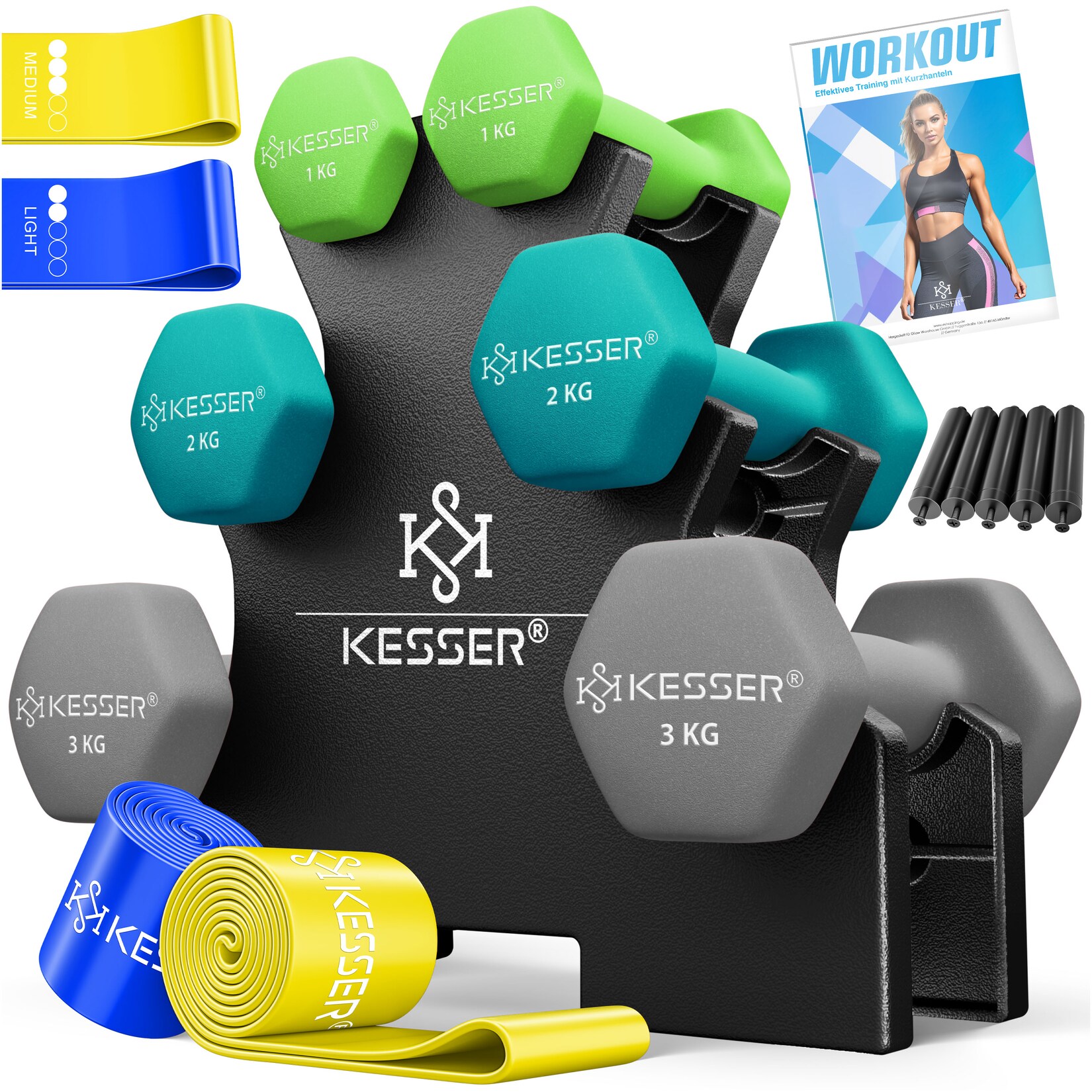 KESSER® Hantel-Set, 3 Paar, 1kg - 5kg, 12kg oder 18kg kurzhanteln mit Ständer Aufbewahrung, Fitnessstudio, Krafttraining, Hantelset rutschfeste Neopren, Mit Übungsheft, 2x Fitnessbänder