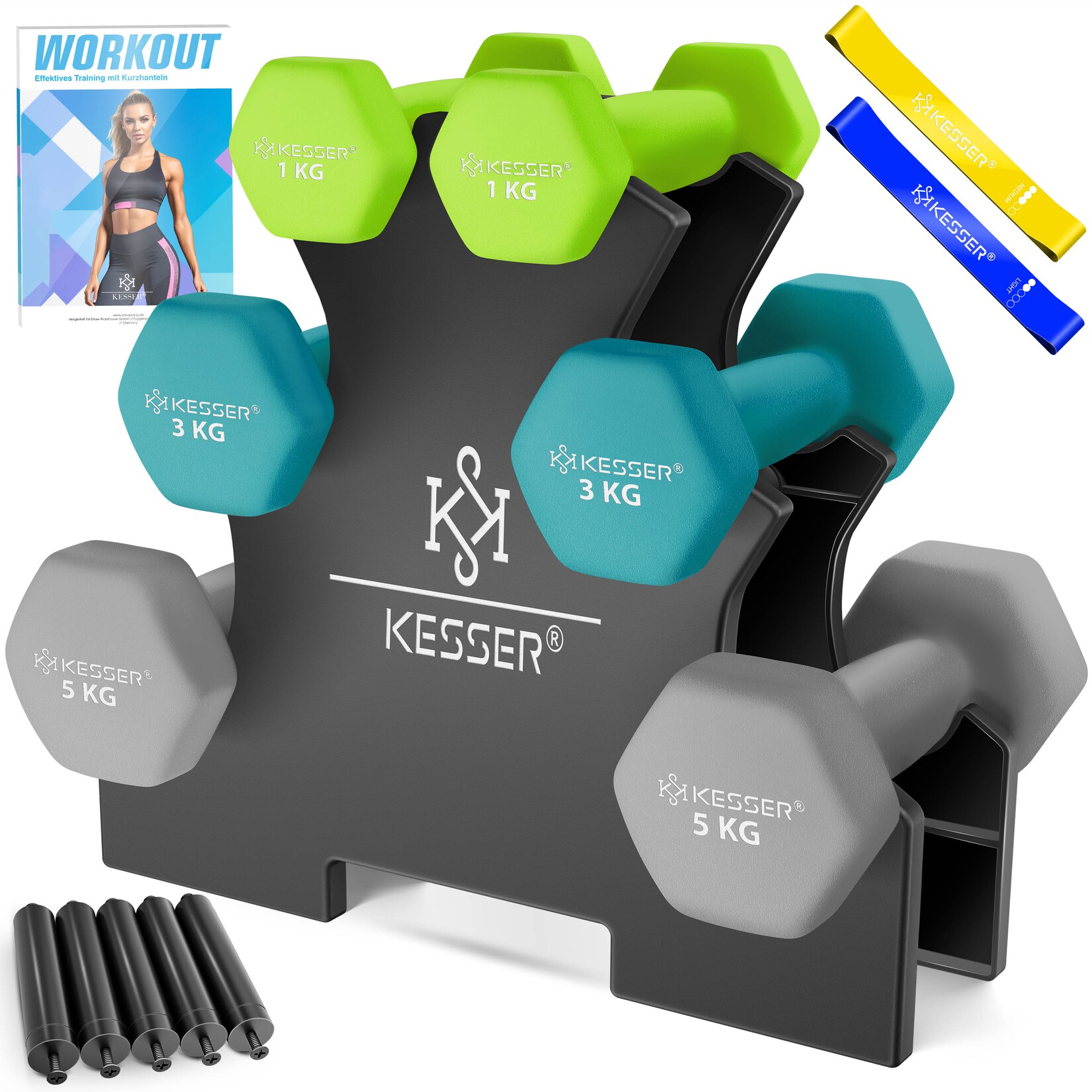 KESSER® Hantel-Set, 3 Paar, 1kg – 5kg, 12kg oder 18kg kurzhanteln mit Ständer Aufbewahrung, Fitnessstudio, Krafttraining, Hantelset rutschfeste Neopren, Mit Übungsheft, 2x Fitnessbänder | 04255598354028