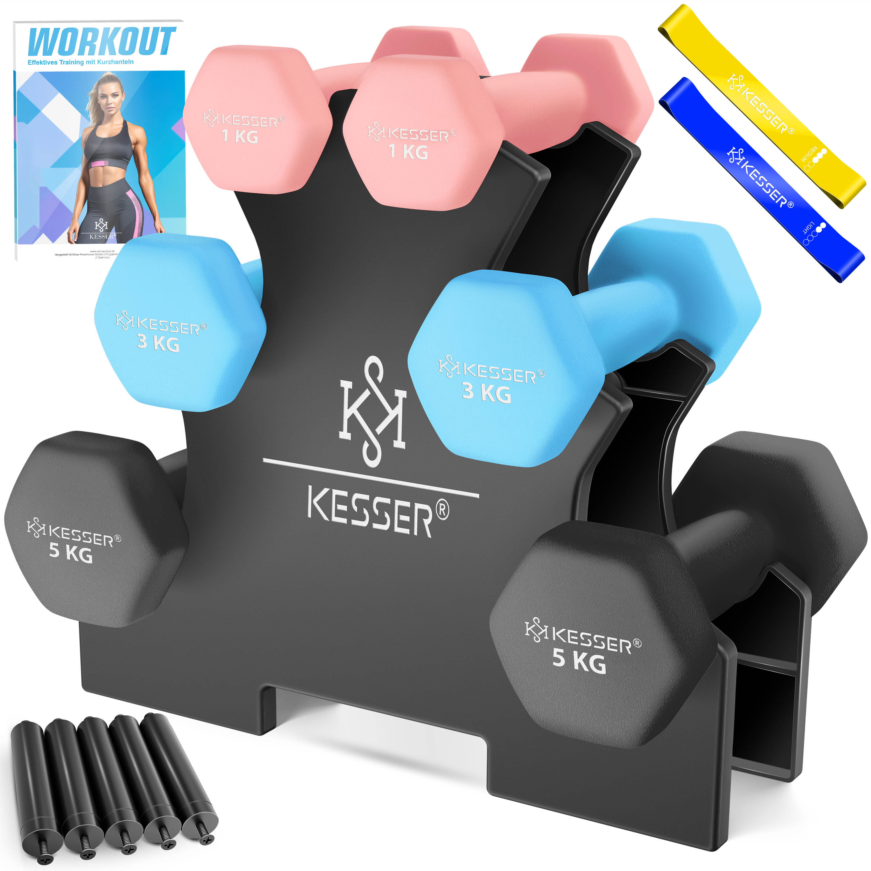 KESSER&reg; Hantel-Set, 3 Paar, 1kg - 5kg, 12kg oder 18kg kurzhanteln mit St&auml;nder Aufbewahrung, Fitnessstudio, Krafttraining, Hantelset rutschfeste Neopren, Mit &Uuml;bungsheft, 2x Fitnessb&auml;nder - Bild 1
