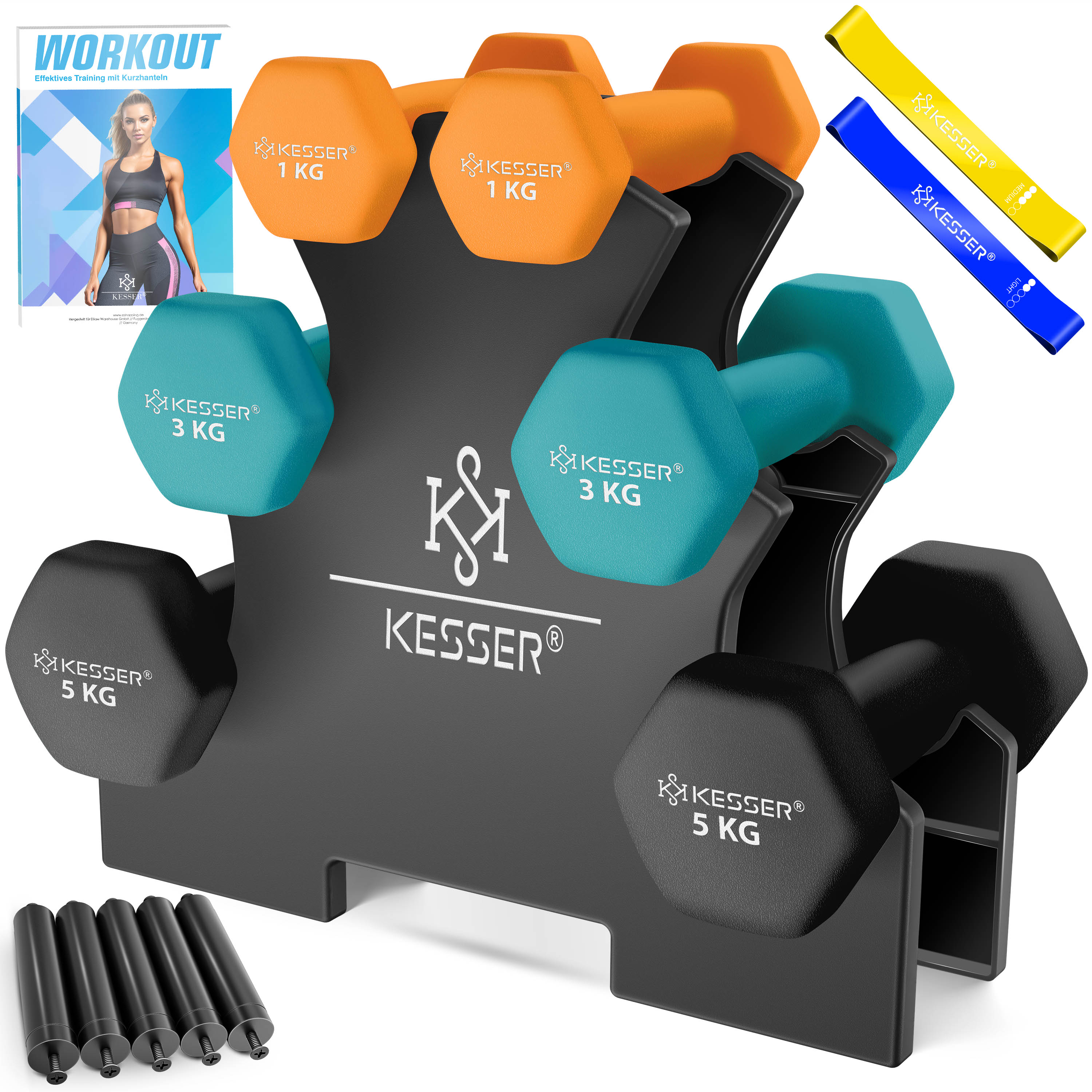 KESSER&reg; Hantel-Set, 3 Paar, 1kg - 5kg, 12kg oder 18kg kurzhanteln mit St&auml;nder Aufbewahrung, Fitnessstudio, Krafttraining, Hantelset rutschfeste Neopren, Mit &Uuml;bungsheft, 2x Fitnessb&auml;nder - Bild 1