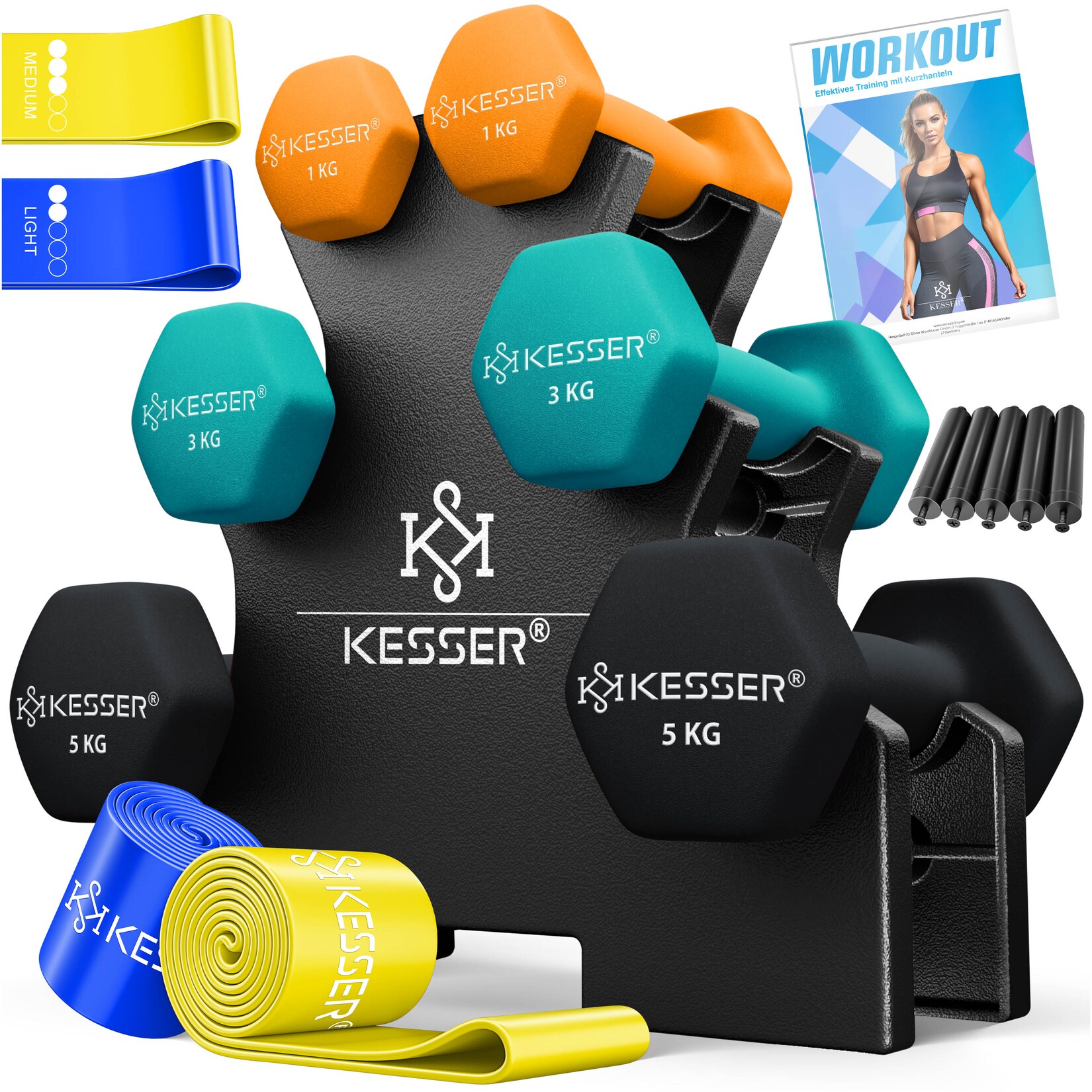 KESSER® Hantel-Set, 3 Paar, 1kg - 5kg, 12kg oder 18kg kurzhanteln mit Ständer Aufbewahrung, Fitnessstudio, Krafttraining, Hantelset rutschfeste Neopren, Mit Übungsheft, 2x Fitnessbänder