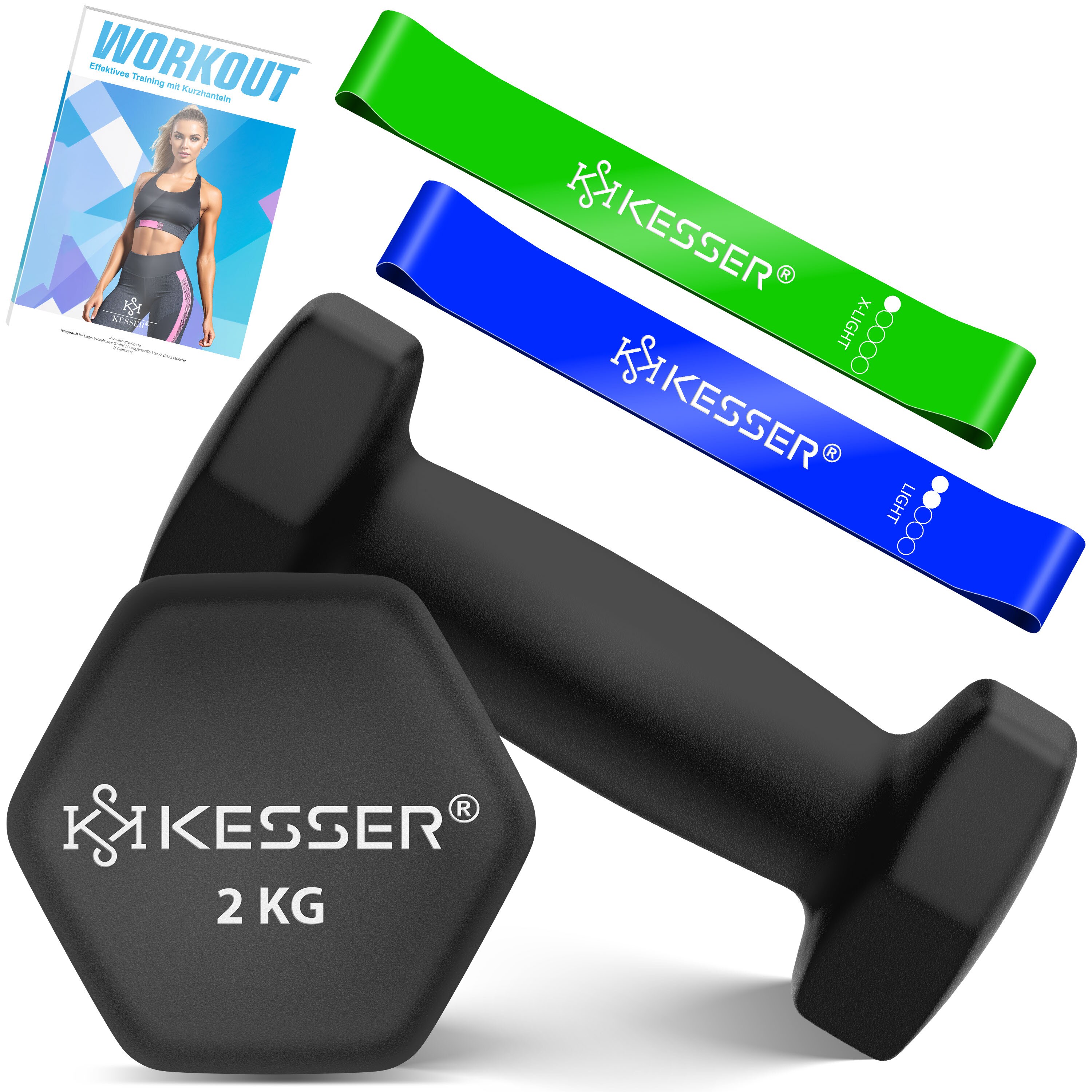 KESSER&reg; Hanteln Hantelset 2er Set  2kg - 5kg farbig, Kurzhanteln  Neopren, Hexagon, Krafttraining, Workout, Fitnesstraining, f&uuml;r Zuhause Mit &Uuml;bungsheft, 2x Fitnessb&auml;nder - Bild 1