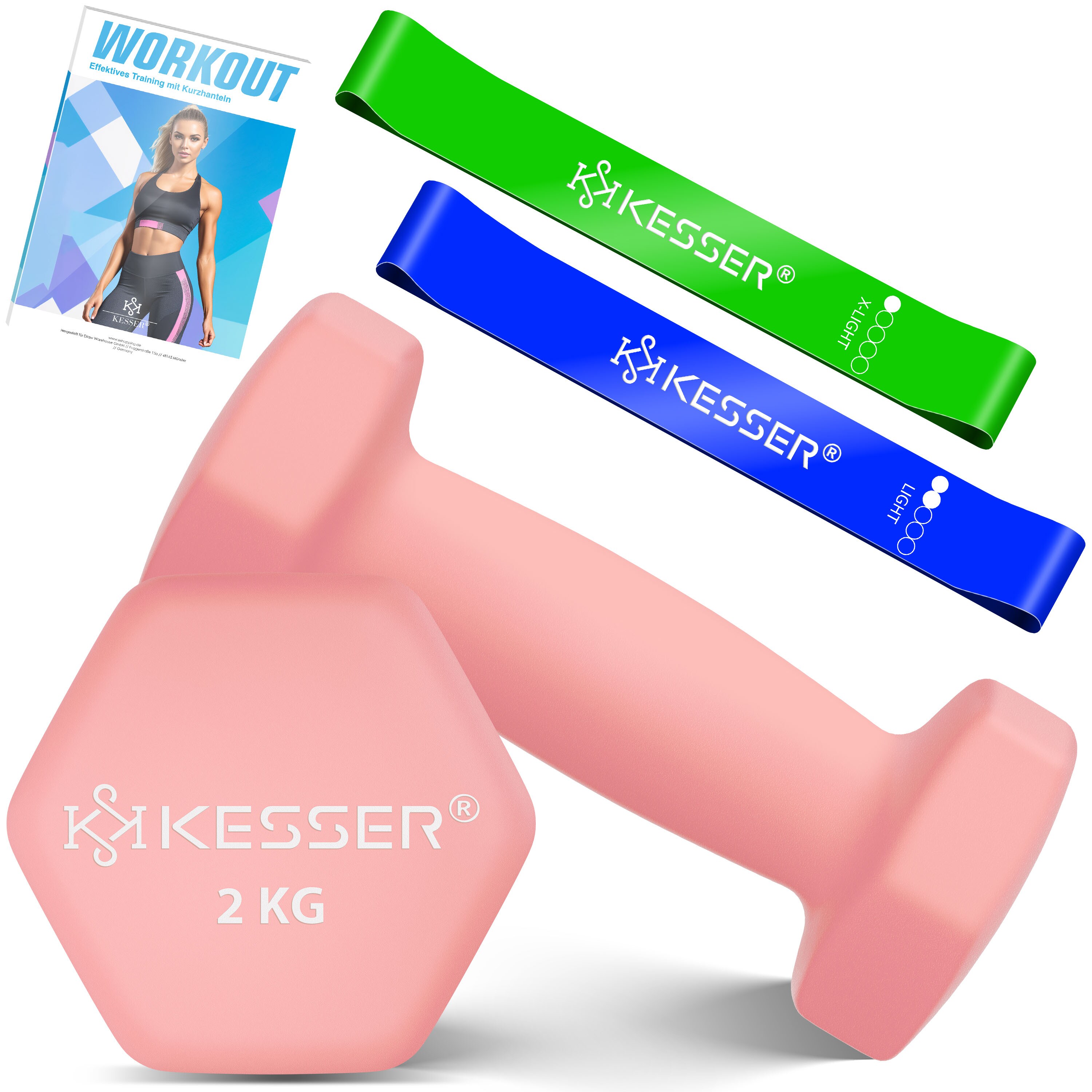 KESSER&reg; Hanteln Hantelset 2er Set  2kg - 5kg farbig, Kurzhanteln  Neopren, Hexagon, Krafttraining, Workout, Fitnesstraining, f&uuml;r Zuhause Mit &Uuml;bungsheft, 2x Fitnessb&auml;nder - Bild 1