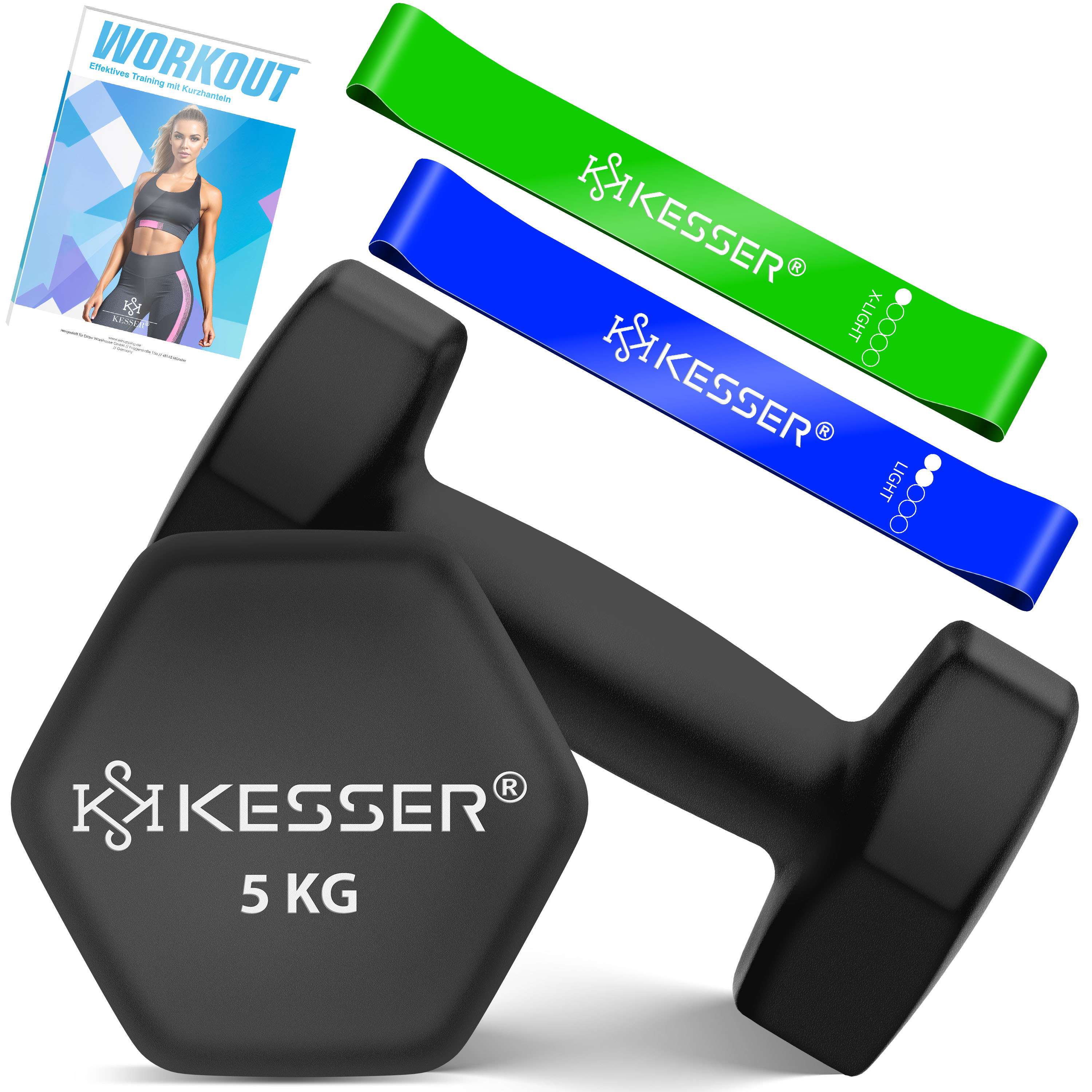 KESSER&reg; Hanteln Hantelset 2er Set  2kg - 5kg farbig, Kurzhanteln  Neopren, Hexagon, Krafttraining, Workout, Fitnesstraining, f&uuml;r Zuhause Mit &Uuml;bungsheft, 2x Fitnessb&auml;nder - Bild 1