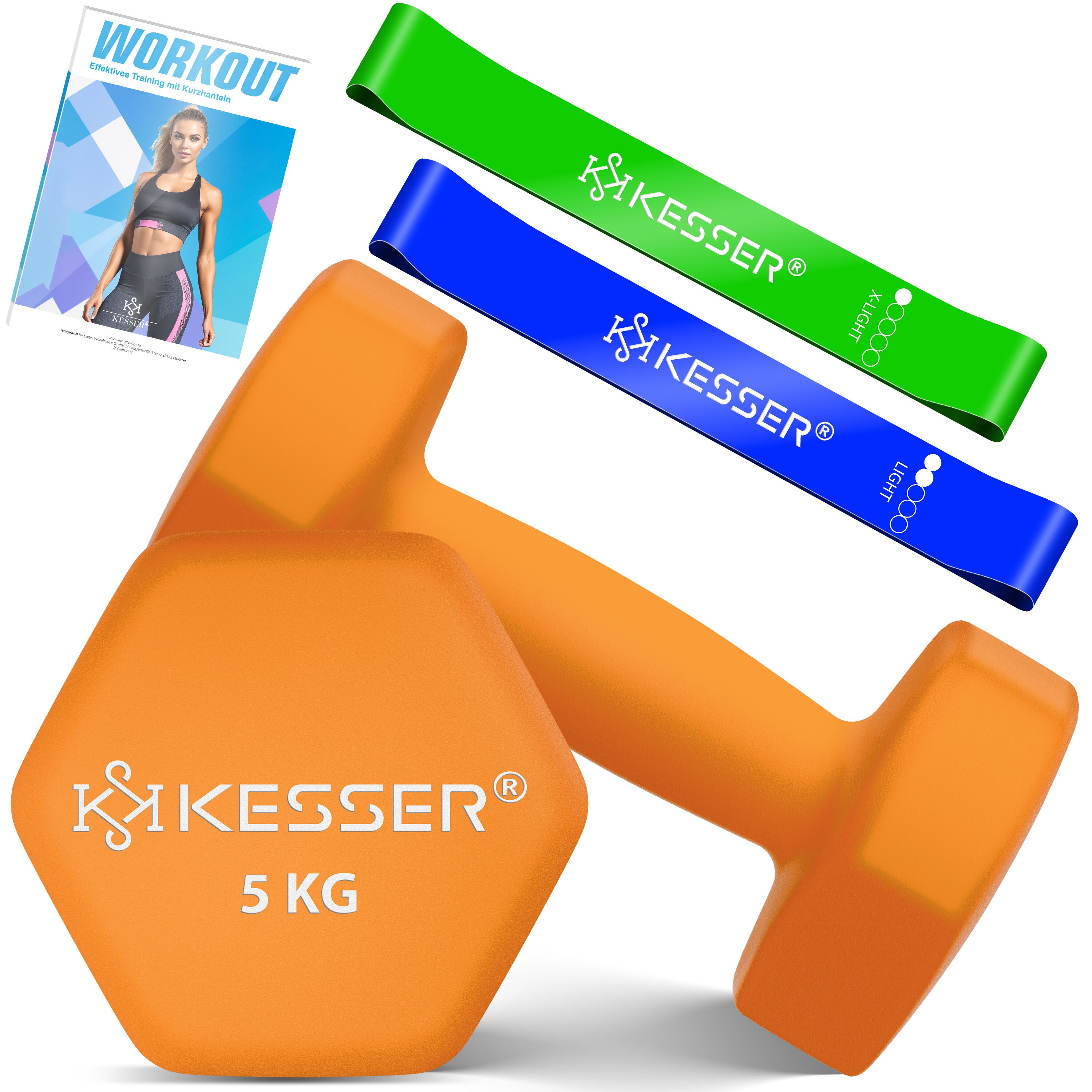 KESSER&reg; Hanteln Hantelset 2er Set  2kg - 5kg farbig, Kurzhanteln  Neopren, Hexagon, Krafttraining, Workout, Fitnesstraining, f&uuml;r Zuhause Mit &Uuml;bungsheft, 2x Fitnessb&auml;nder - Bild 1