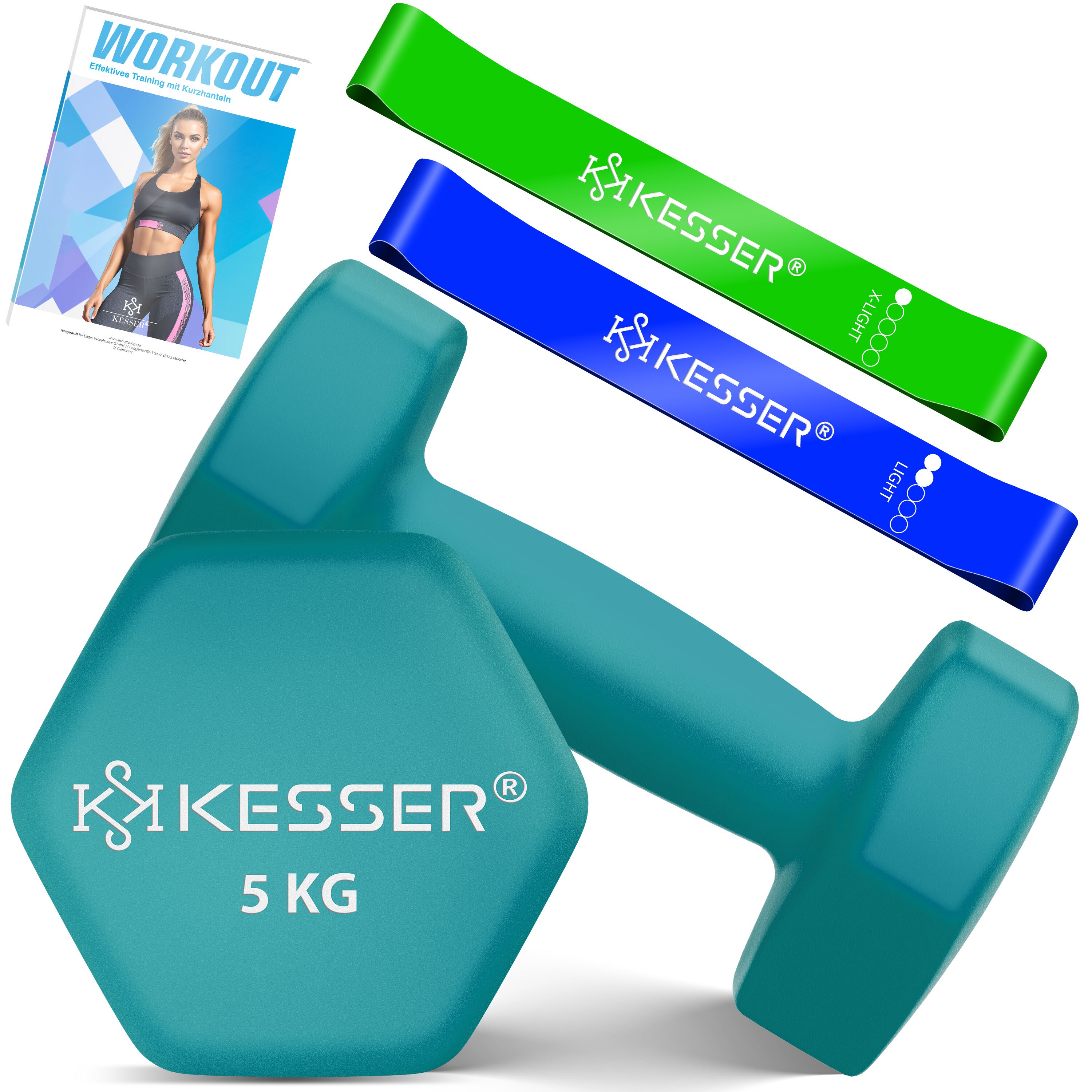 KESSER&reg; Hanteln Hantelset 2er Set  2kg - 5kg farbig, Kurzhanteln  Neopren, Hexagon, Krafttraining, Workout, Fitnesstraining, f&uuml;r Zuhause Mit &Uuml;bungsheft, 2x Fitnessb&auml;nder - Bild 1