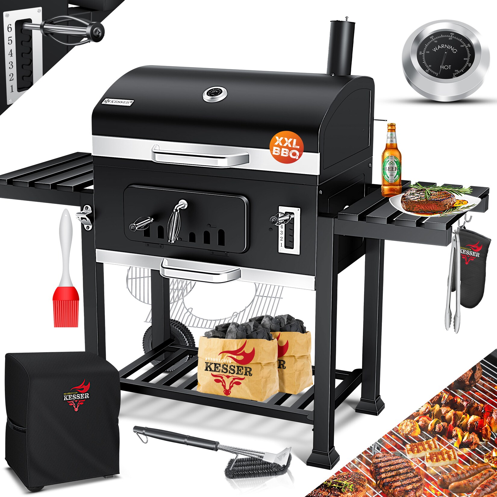 KESSER® Grill Grillwagen XXL Holzkohlegrill mit Deckel, Rädern, Edelstahl-Griff, Grillrost und Thermometer Holzkohle kohlegrill Wagen groß Kohle BBQ Barbeque Camping, Terrasse, Garten