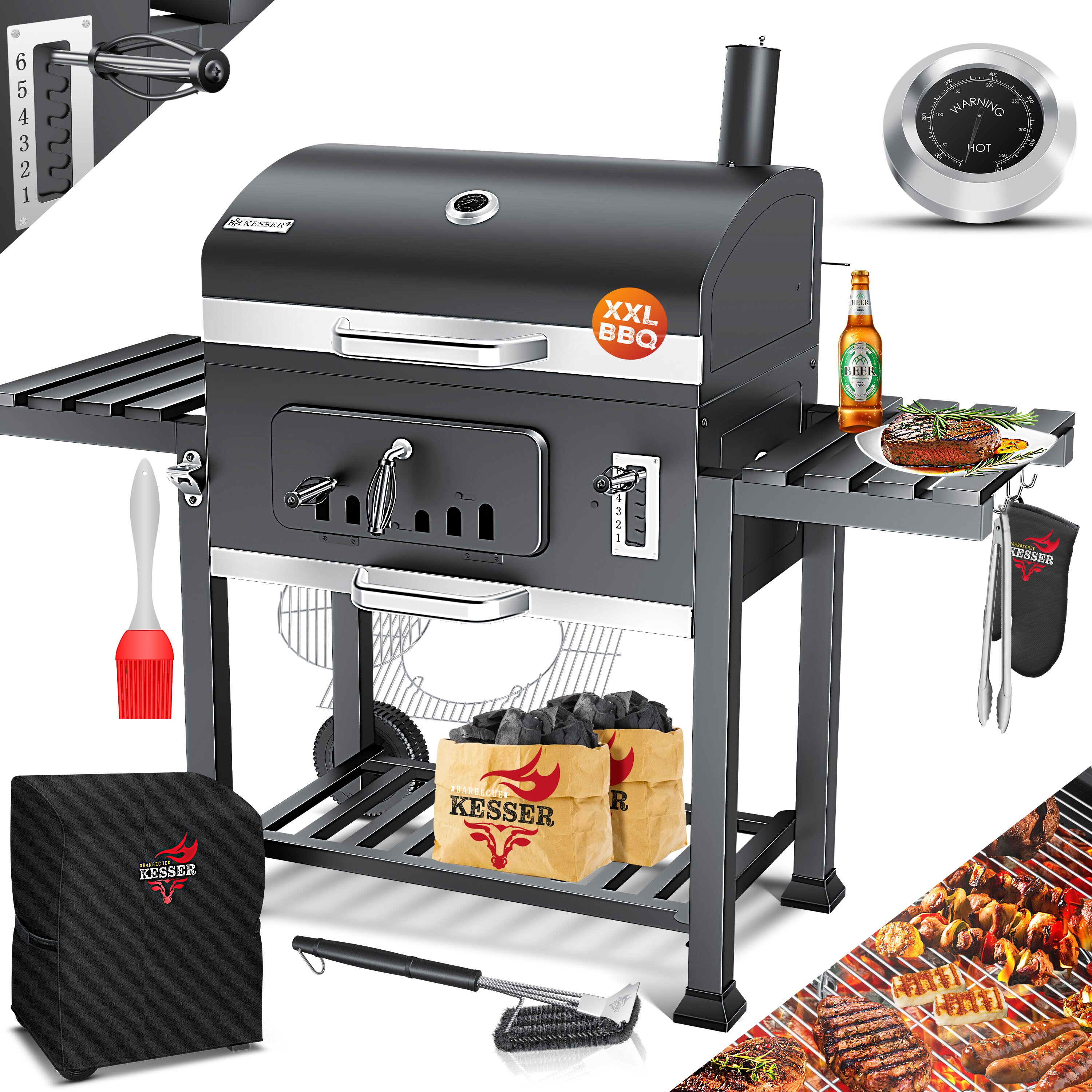 KESSER&reg; Grill Grillwagen XXL Holzkohlegrill mit Deckel, R&auml;dern, Edelstahl-Griff, Grillrost und Thermometer Holzkohle kohlegrill Wagen gro&szlig; Kohle BBQ Barbeque Camping, Terrasse, Garten - Bild 1